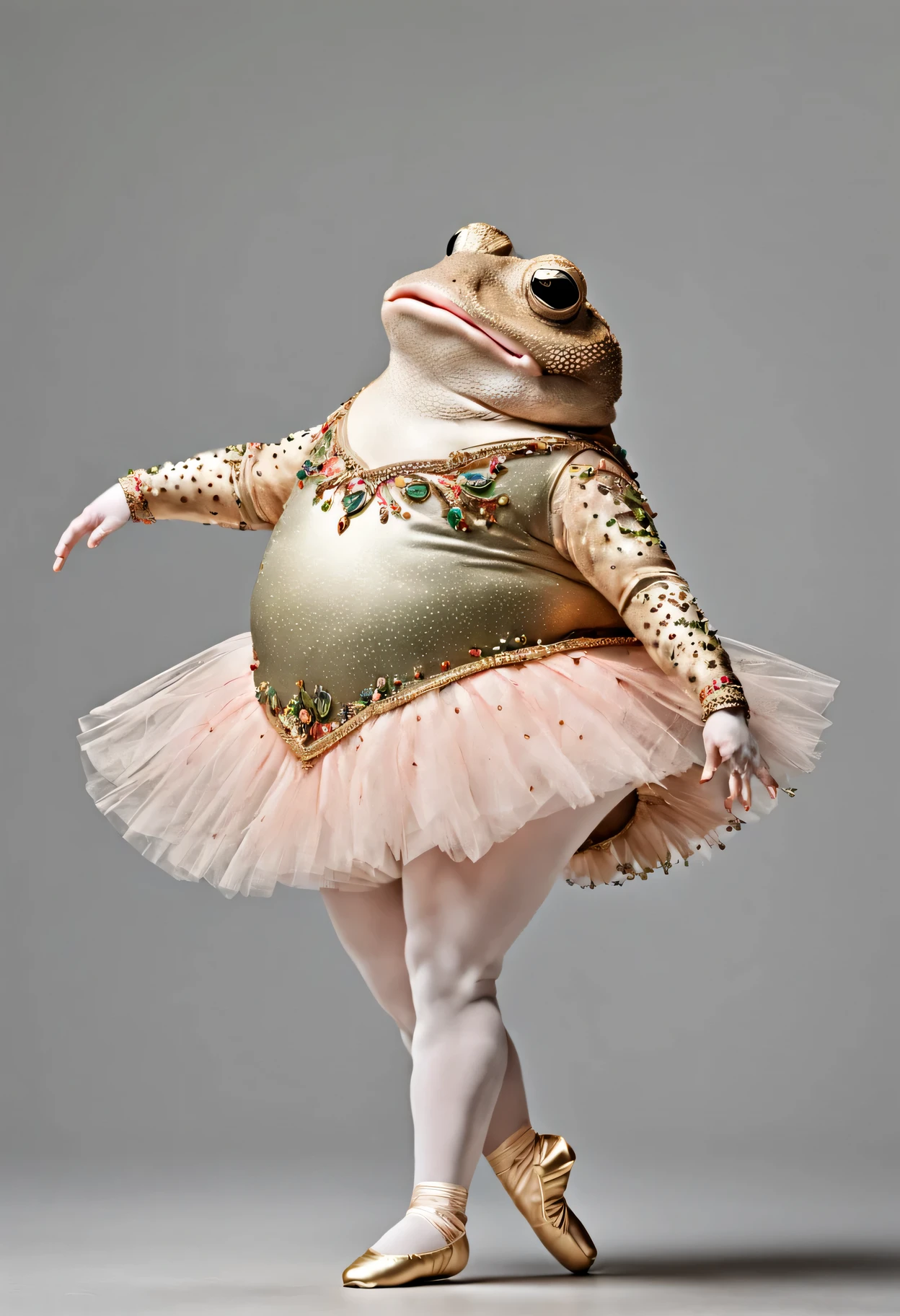 portrait of Dressed animals - a (((fat))) toad ballet dancer,((dancing)), (legs up ),(from side:1.5), high quality,(lovely) ,intricate details, highly detailed ((ballet leotard)) ,highly detailed decorations, wearing tutu, (happy), studio lighting,(full body image:1.5),simple background,