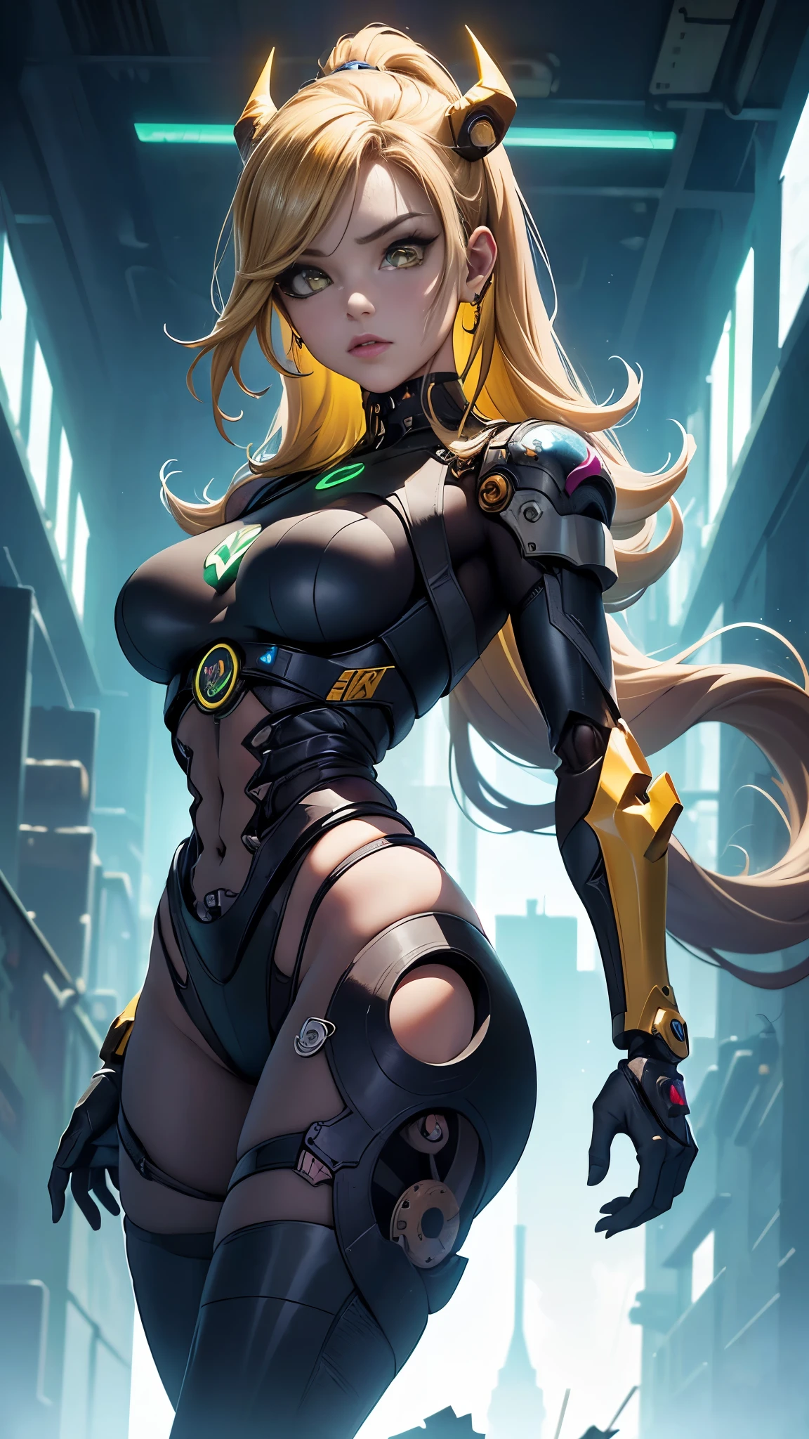 (La mejor calidad,A high resolution,Ultra - detallado,actual),Ariana Grande , retrato, (Superchica zombi de DC:1.4 ) , (yellow biomechanical :1.4 ) , robot complejo, crecimiento completo, hyper realistic, crazy little details, extremely clean lines, (cyberpunk aesthetic) , (obra maestra presentada en Zbrush Central) , brutalist gothic cathedral, ciberpunk, Foto premiada, bokeh, neon lights, cyber member, (pose vaquero) ,More detailed 8K.motor irreal:1.4,HD,La mejor calidad:1.4, fotorrealista:1.4, textura de la piel:1.4, obra maestra:1.8,obra maestra, mejor calidad,objeto Objeto], (rasgos faciales detallados:1.3), (Chemical laboratory ruins background.:1.4 ), (ciberpunk 2.1), (convexo dedos detallados), (perfect anatomy), (hermosos ojos azules),( lenceria amarilla) 