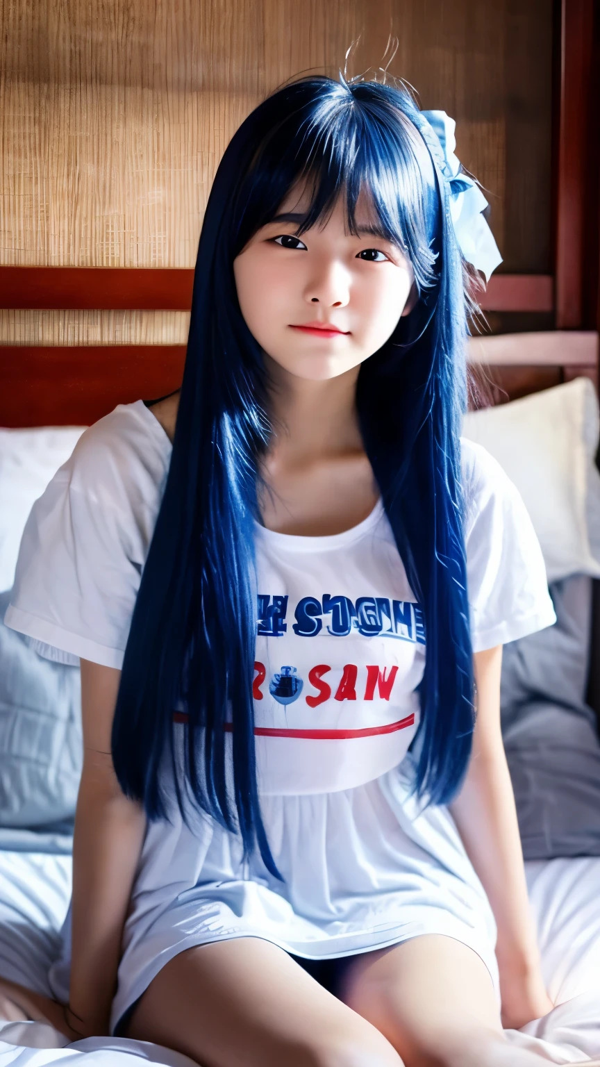 a cute teen girl with long blue hairs, fair skin and bigger brest, sited in black bed and crying happily