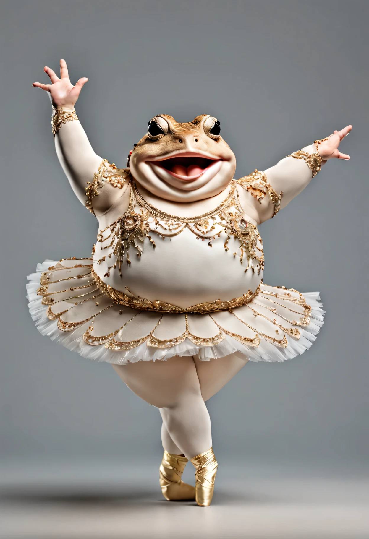 portrait of Dressed animals - a (((fat))) toad ballet dancer,((dancing)), ( arms up, ),big smile, high quality,(lovely) ,intricate details, highly detailed ((ballet leotard)) ,highly detailed decorations, wearing tutu, (happy), studio lighting,(full body image:1.5),simple background,