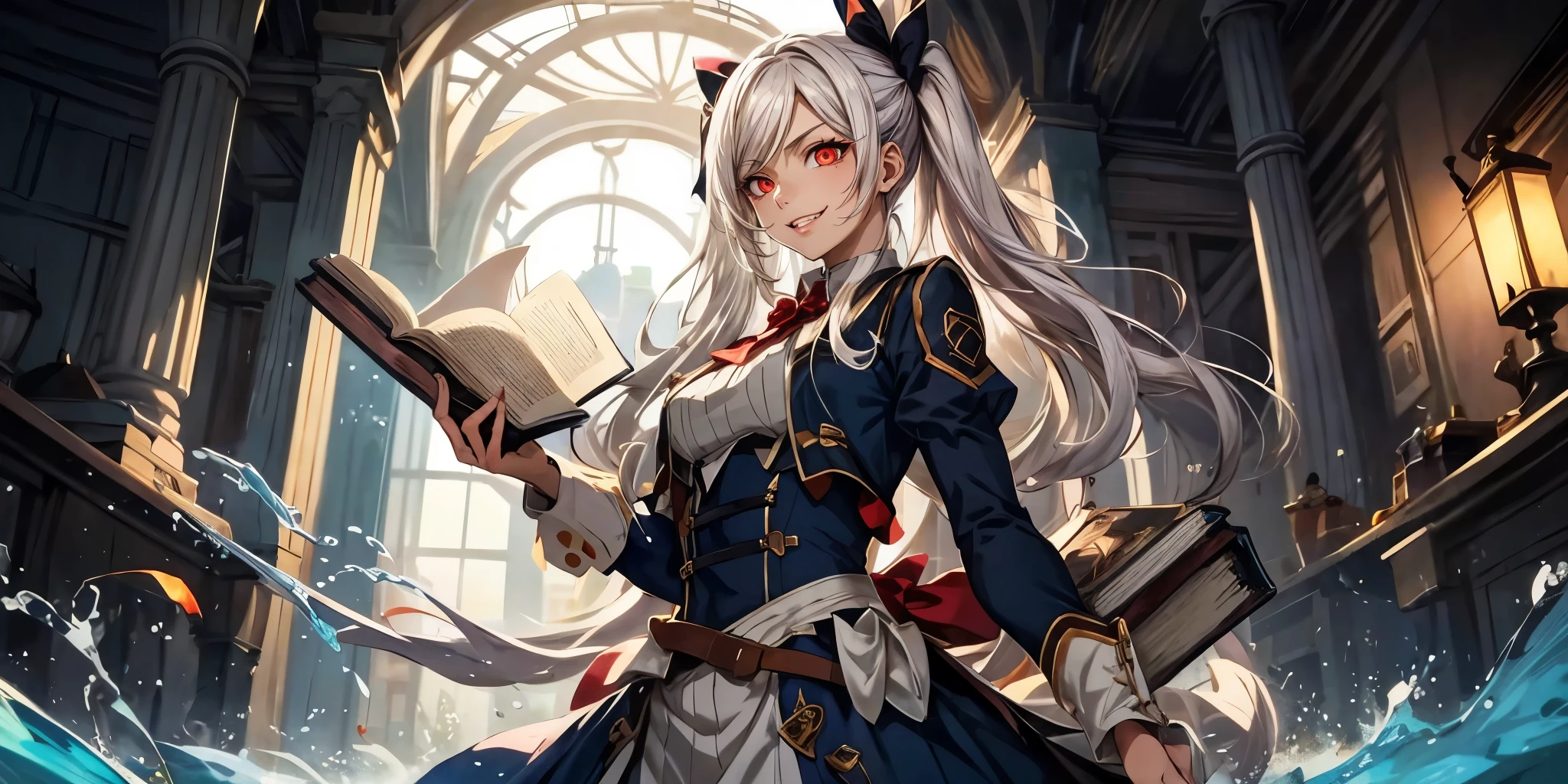 silver hair, twintail, bow, red eyes, masterpiece, best qualitiy, Extremely detailed, 1girl, water, solo, breasts, book, looking_at_viewer, dress, blue_dress, holding, long_sleeves,  (shaded face:1.2), hollow eyes, red eyes, looking at viewer, facing viewer, smirk, upper teeth, lips, glowing eyes,