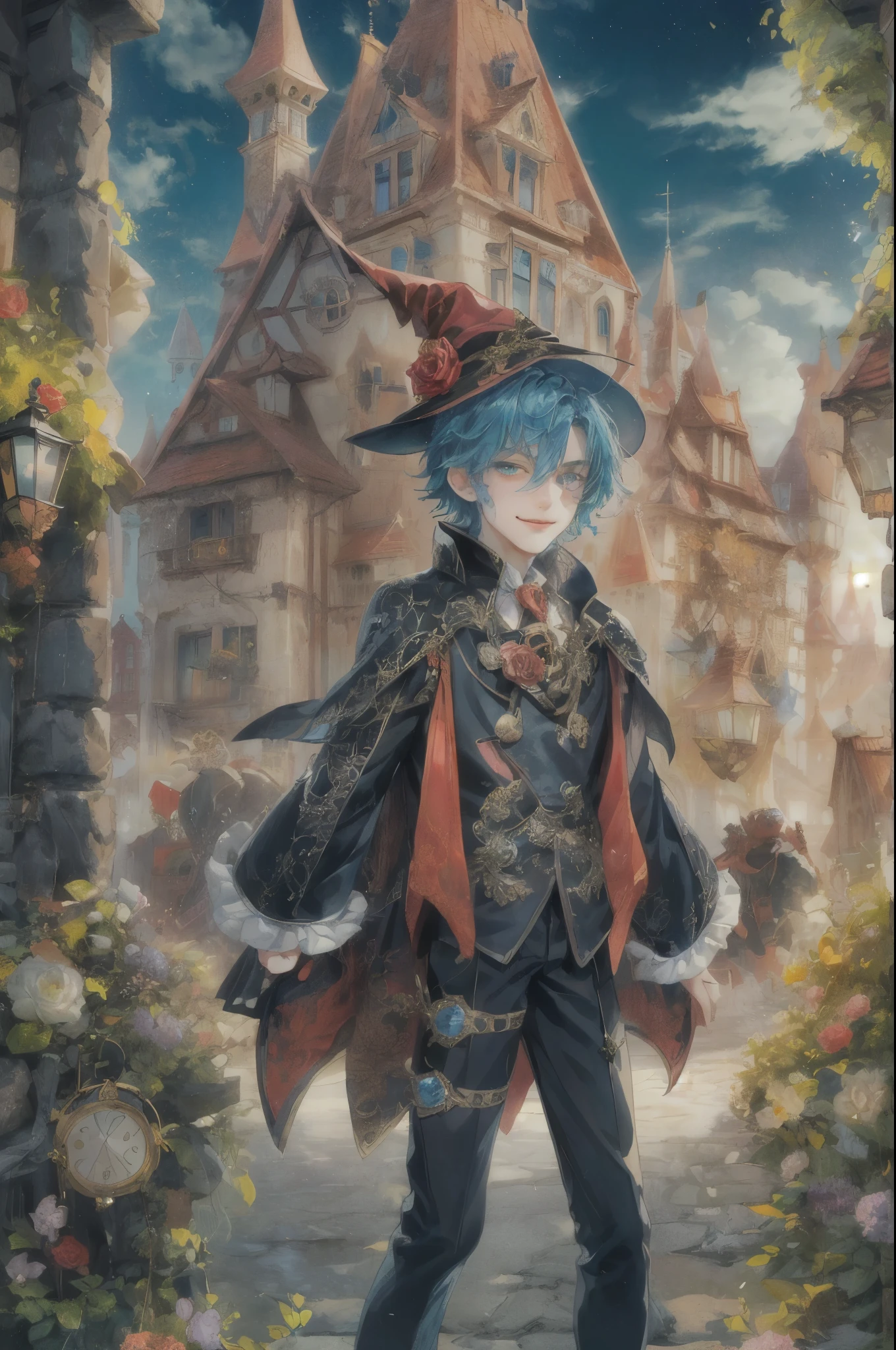 ((absurdres, highres, ultra detailed, perfect face), 1 boy , front view, young boy, handsome boy villain character from Uta no Prince sama, short hair, anime eyes, mage clothes with colorful details, eyes on the viewer, add red details to picture and smirk, dimples, extremely detailed CG unity 8k wallpaper, add blue details on side, intricate details and add yellow details on left, rose ornaments, witch castle background, detailed houses town scenery window background, tim burton style theme