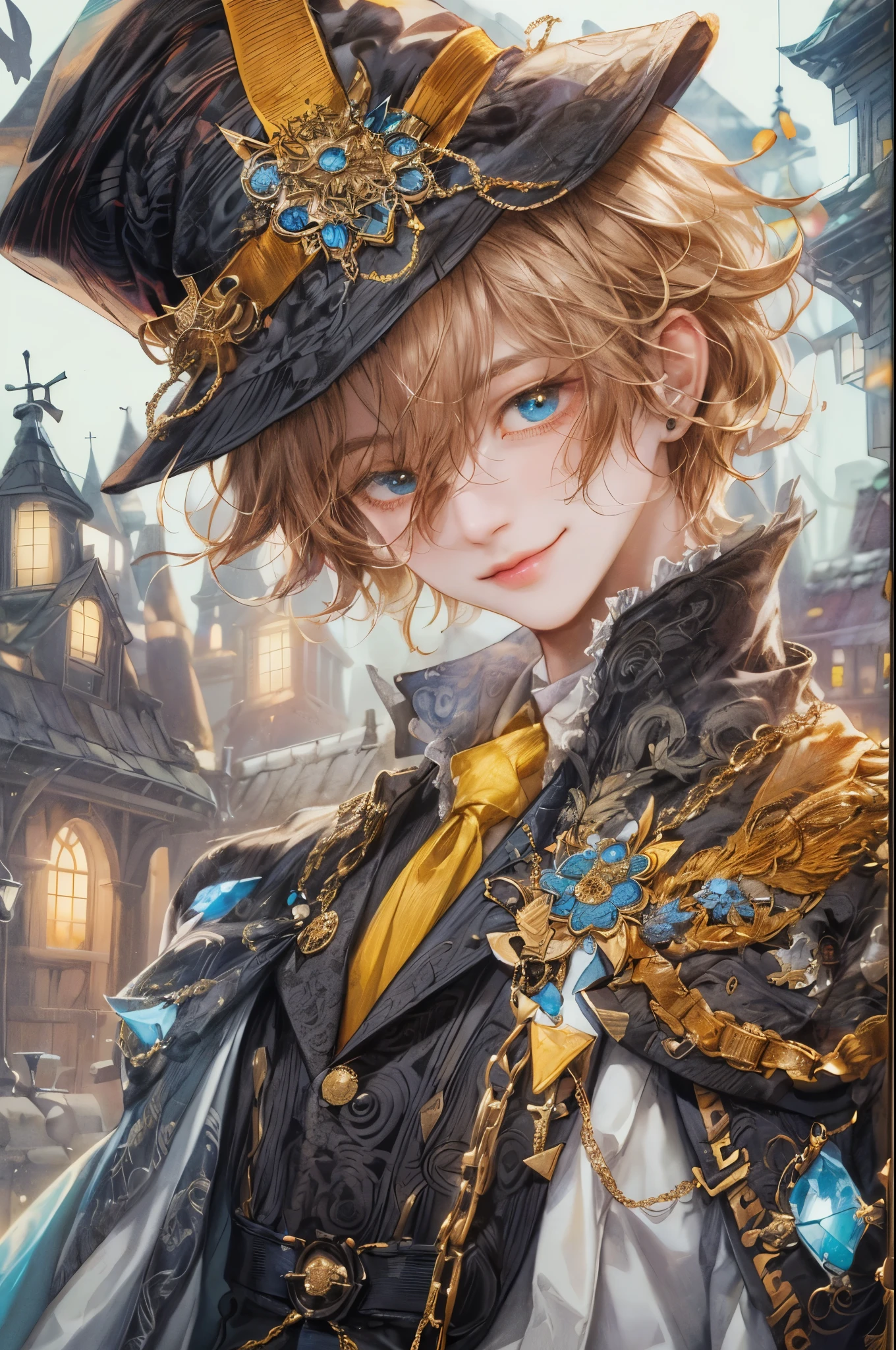 ((absurdres, highres, ultra detailed, perfect face), 1 boy , front view, young boy, handsome boy villain character from Uta no Prince sama, short hair, anime eyes, mage clothes with colorful details,  eyes on the viewer, add red details to picture and smirk, dimples, extremely detailed CG unity 8k wallpaper, add blue details on side, intricate details and add yellow details on left, rose ornaments, witch castle background, detailed houses town scenery window background, tim burton style theme