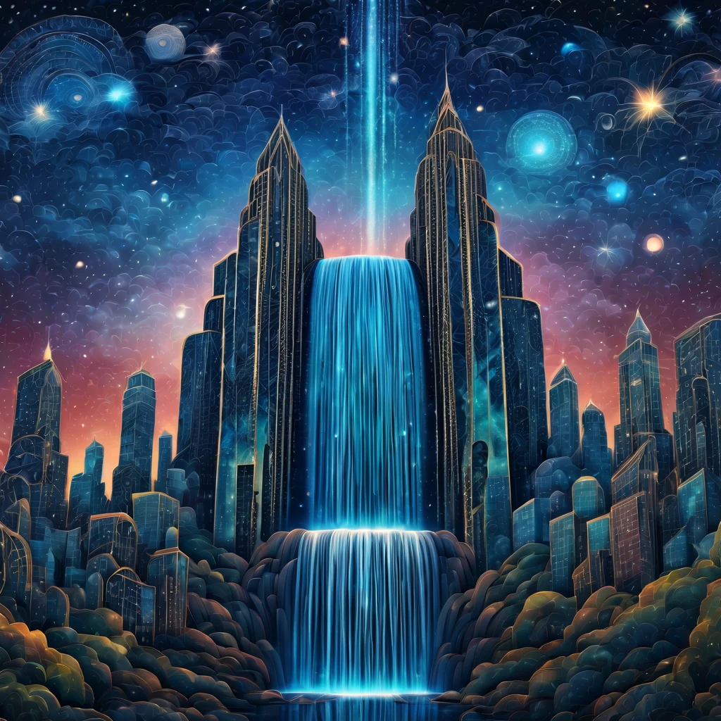 Magical starry sky. zentangle art deco style Waterfall, art deco style science fiction, magical art deco style future skyscrapers in background, full colored, impresive colors, (best quality,4k,8k,highres,masterpiece:1.2),ultra-detailed,(realistic,photorealistic,photo-realistic:1.37),