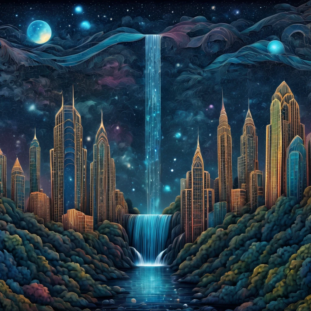 Magical starry sky. zentangle art deco style Waterfall, art deco style science fiction, magical art deco style future skyscrapers in background, full colored, impresive colors, (best quality,4k,8k,highres,masterpiece:1.2),ultra-detailed,(realistic,photorealistic,photo-realistic:1.37),