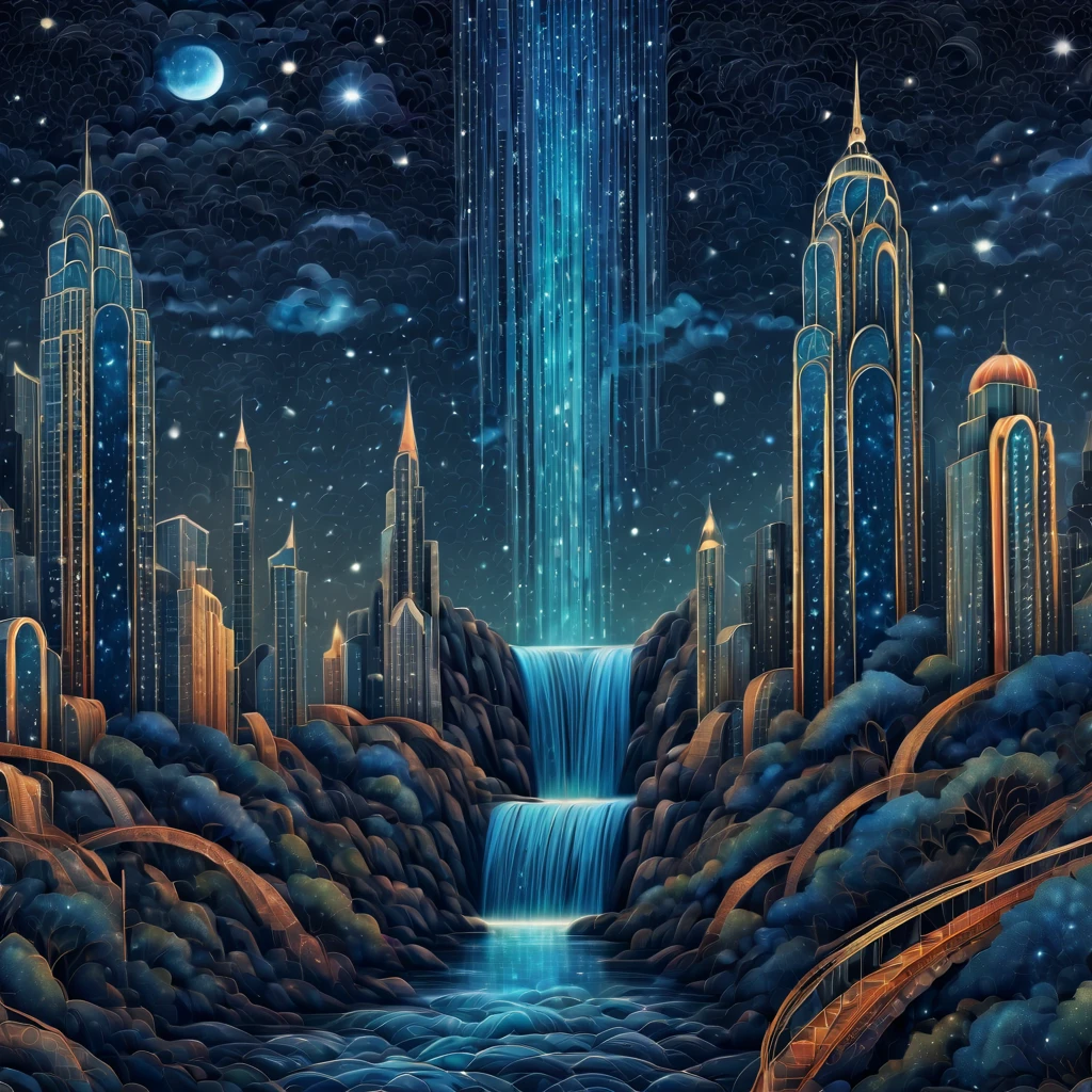 Magical starry sky. zentangle art deco style Waterfall, art deco style science fiction, magical art deco style future skyscrapers in background, full colored, impresive colors, (best quality,4k,8k,highres,masterpiece:1.2),ultra-detailed,(realistic,photorealistic,photo-realistic:1.37),