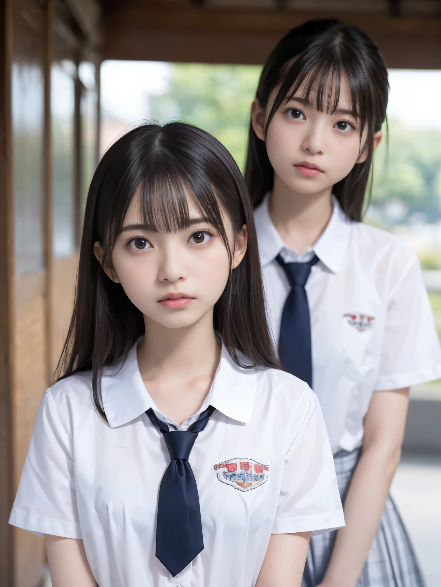 (masterpiece, highest quality:1.2), 8k, 15 years, 85mm, official art, RAW photo, スーパースリムなスレンダーbeautiful girl, (紺の短いスカートをたくし上げると下Half bodyfull nude, I can see my crotch)、short sleeveの白シャツ、show me your ears、naked girl photoshoot、full nude, cute face, close, Half body, Biolace, gardenia, beautiful girl, school uniform, Bind your neck with a rope, thighs, short sleeve, stand on the station platform, looking at the viewer, no makeup, (smile:0.4), film grain, chromatic aberration, sharp focus, face light, clear lighting, Ten generations, detailed face, background bokeh, (dark red tie:1.1)、((((((two girls))))))、((((((2人のfull nude女子高生)))))