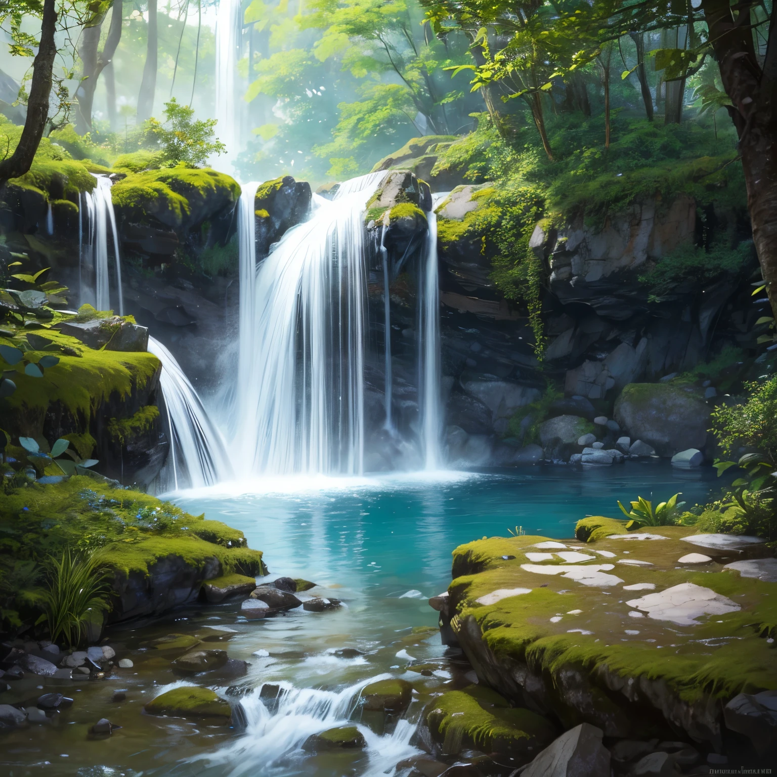 (best quality,4k,highres),dramatic waterfall scene,natural beauty,majestic waterfall surrounded by lush greenery,fascinating water flow and cascades,serene atmosphere,vivid colors,sharp focus,photorealistic rendering,impressive size and scale,refreshing mist and sound of rushing water,powerful force of nature,peaceful and relaxing setting,sunlight breaking through the trees,sparkling water droplets,fine details of rocks and vegetation,reflection of the waterfall in the pool below,harmony between water and nature,ethereal and magical ambiance
