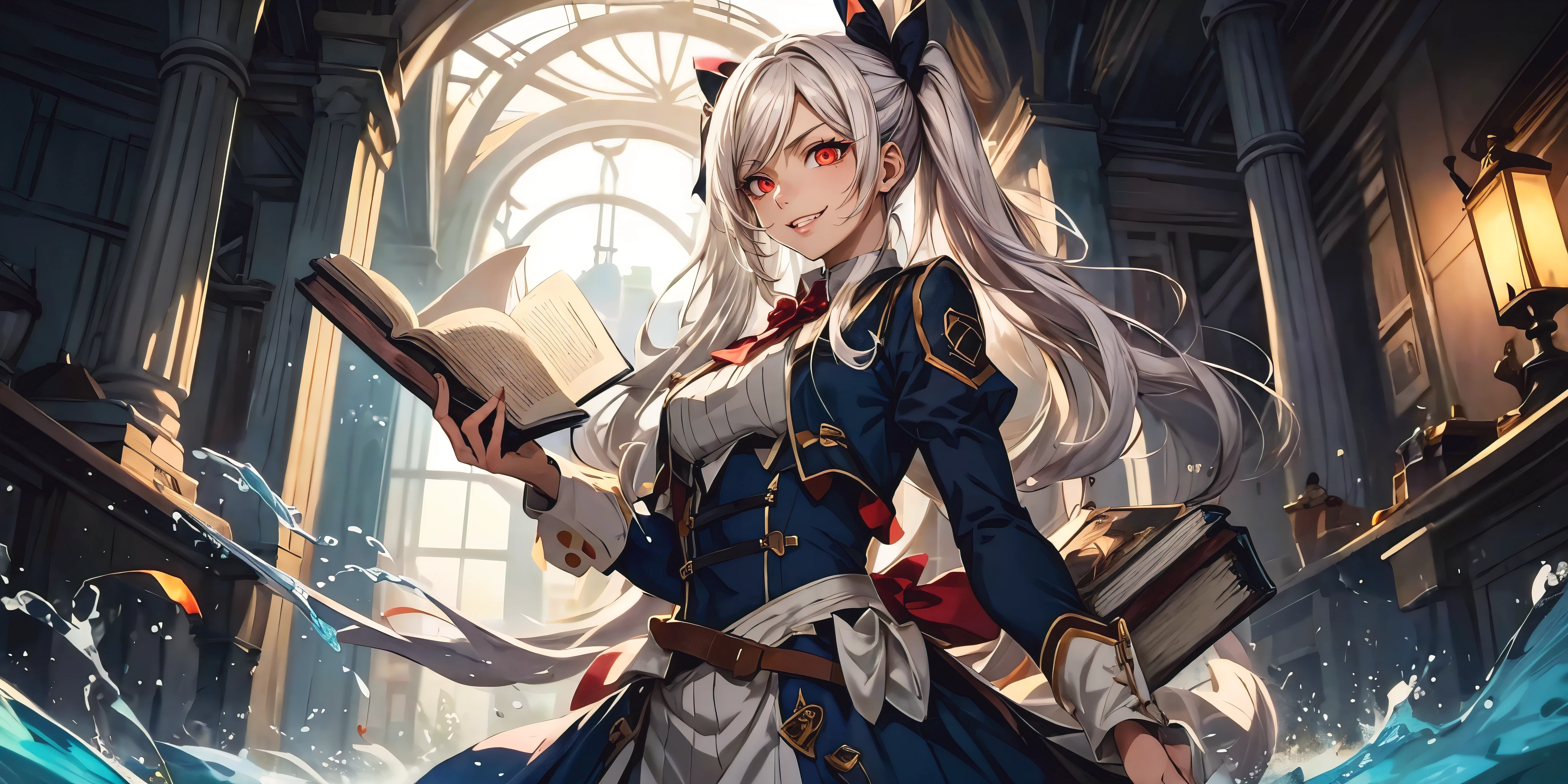 silver hair, twintail, bow, red eyes, masterpiece, best qualitiy, Extremely detailed, 1girl, water, solo, breasts, book, looking_at_viewer, dress, blue_dress, holding, long_sleeves,  (shaded face:1.2), hollow eyes, red eyes, looking at viewer, facing viewer, smirk, upper teeth, lips, glowing eyes,