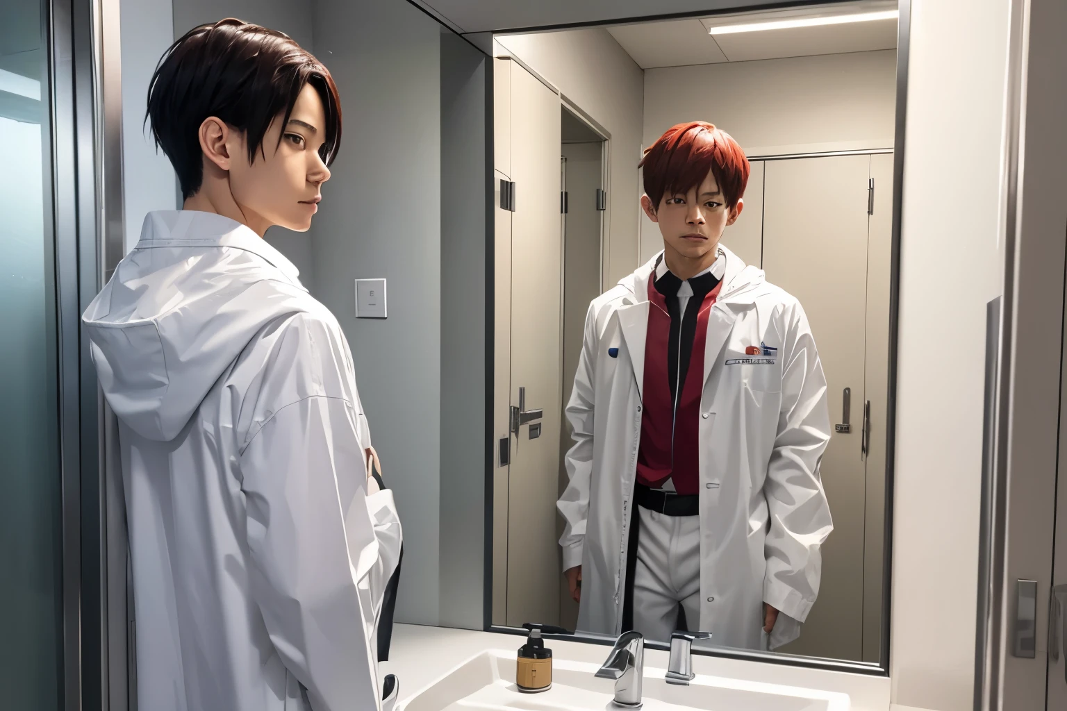 Naked Todoroki hurriedly put on a white raincoat in front of the sink in the restroom and rushed out of the restroom at school