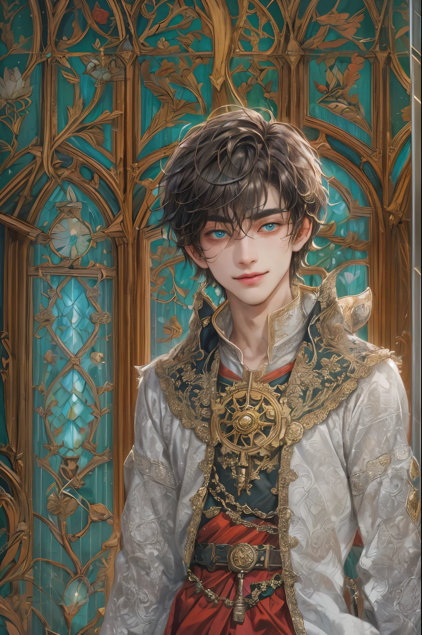 ((absurdres, highres, ultra detailed, perfect face), 1 boy , front view, young boy, handsome boy villain character from prince of Persia, short hair, anime eyes, mage clothes with colorful details, eyes on the viewer, add red details to picture and smirk, dimples, extremely detailed CG unity 8k wallpaper, add blue details on side, intricate details and add yellow details on left, rose ornaments, witch castle background, detailed houses town scenery window background, tim burton style theme