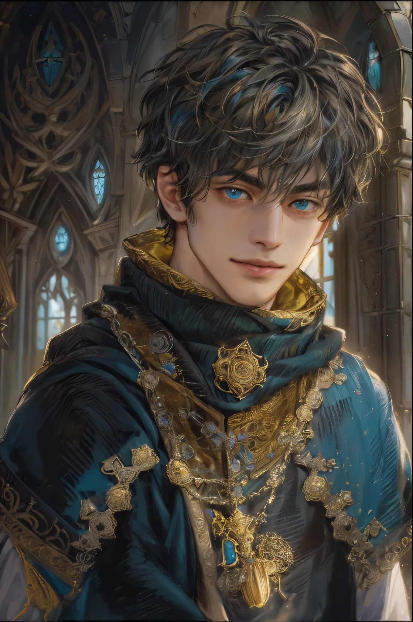 ((absurdres, highres, ultra detailed, perfect face), 1 boy , front view, young boy, handsome boy villain character from prince of Persia, short hair, anime eyes, mage clothes with colorful details, eyes on the viewer, add red details to picture and smirk, dimples, extremely detailed CG unity 8k wallpaper, add blue details on side, intricate details and add yellow details on left, rose ornaments, witch castle background, detailed houses town scenery window background, tim burton style theme