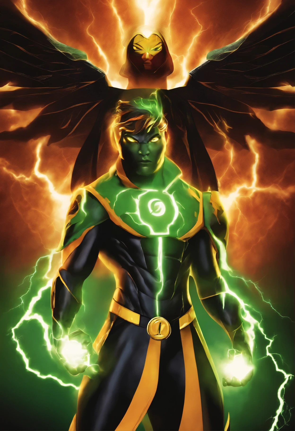 make a character surrounded by lightning and thunder with a ben 10 symbol on the chest