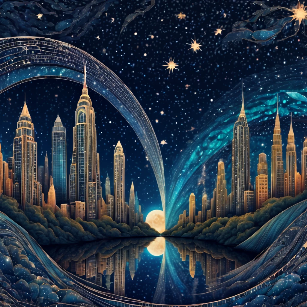 Magical starry sky. zentangle art deco style Waterfall, art deco style science fiction, magical art deco style future skyscrapers in background, about the curvature of space time, full colored, impresive colors, (best quality,4k,8k,highres,masterpiece:1.2),ultra-detailed,(realistic,photorealistic,photo-realistic:1.37),