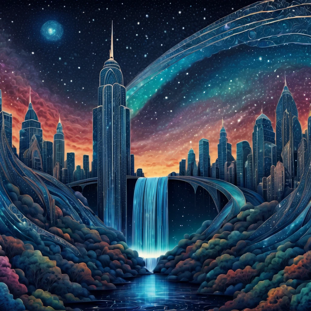 Magical starry sky. zentangle art deco style Waterfall, art deco style science fiction, magical art deco style future skyscrapers in background, about the curvature of space time, full colored, impresive colors, (best quality,4k,8k,highres,masterpiece:1.2),ultra-detailed,(realistic,photorealistic,photo-realistic:1.37),