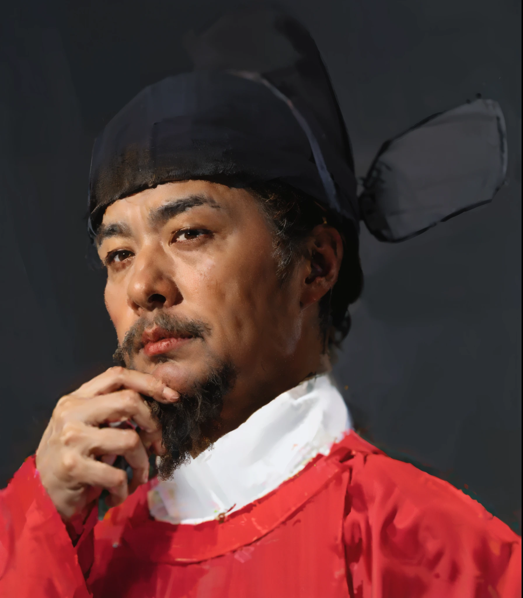 best quality,masterpiece,(:1.5),An ancient person from the Ming Dynasty of China,middle aged man,Older,thin,Old,frown。anger,Confuse,doubt,Goat's beard,have a beard,minister,official,man in red palace costume,unruly,fiercely的眼神,Stare hard to death,盯着middle aged man,Asian,sharp eyes and,Husband wears blue clothes,wearing a hat, Inspired by Shin Saimdang, traditional clothing, traditional clothing, Hanbok, noble clothing, korean Hanbok, aristocratic appearance, Korean male, Wear period-appropriate clothing, classical robe, precise, Wearing noble robes, Wearing ancient Chinese clothing,Dark brown wide-sleeved Hanfu,firm eyes,fiercely,handsome man,young people,(a detailed :0.353),(Renaissance classical style:0.8)
