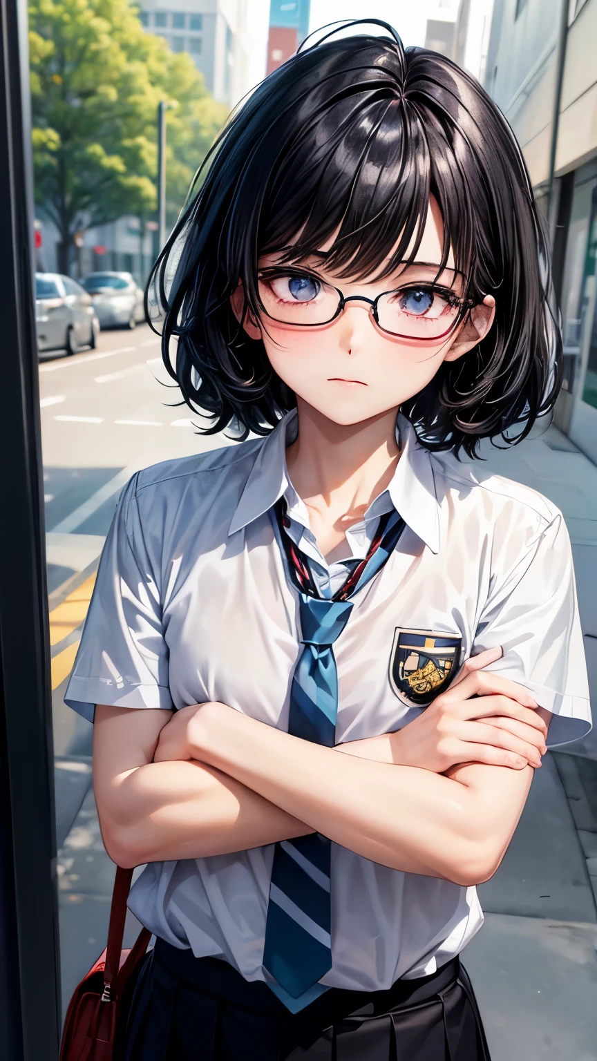 Japanese high school student boy body shape )),smooth curly hair ((jet-black hair , very short hair )),((asymmetrical much shaggy long forelock)),BREAK, older and intrepid face, ((school uniform, white dress shirt, black slacks, red striped necktie, maple school badge )), blue lenses glasses ,BREAK, thin sharp eyes ((shiny pale blue eye, )), eyelashes, blush , BREAK, decadent and eloquent atmosphere,((face focus:1.3)), his arms folded ,((NSFW))