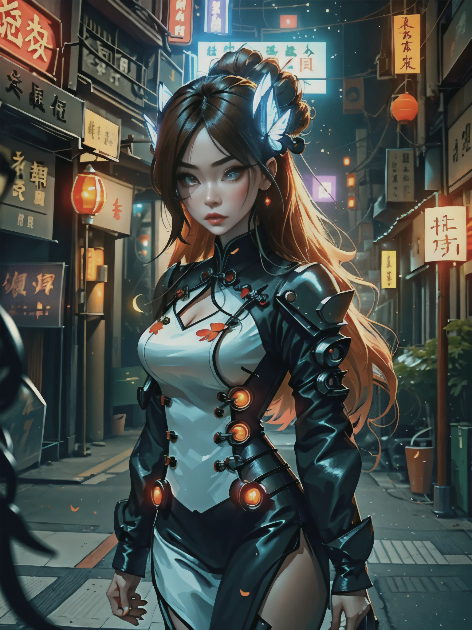 (Works of masters:1.5),(best qualityer:1.5),(Very fine detail 8K wallpaper:1.3),(Ultra-thin tail),Extremely fine details,hight contrast,complexdetails,Photon maps,physically-based renderingt,Best composition,full bodyesbian,cyber punk perssonage,dynamicposes,1girll,Elaborate Eyes,Brown eyes,eye shadows,putting makeup on,long whitr hair, Detailed face, Detailed eyes, looking at viewert, blusher\(putting makeup on\), full pouty lips, Redlip,(long whitr hair:1.3), The upper part of the body, (standing on your feet)Mechanical static,Mechanical summoning,(hair adornments:1.1),head gear,Chinese outfit,on cheongsam,Cyberhanfu,Manteau blanc,City,Ruins,Illuminated wire winding,glowing butterflies,cyberpunk lights:1.1),neonlight,Fully mechanical and futuristic elements,technologies,The background is a traditional Chinese street,china town, the street, Skysky, cyber punk perssonage, paper lanterns, Neon Super Resolution,(Realism:1.3),1(slim:1.2),dramatic lights,vibrant detail,Luxurious cyberpunk,the complex background,rendering by octane,8k,best qualtiy,tmasterpiece,illustratio,Extremely refined and beautiful,The is very detailed,CG,Wallpapers,(realisticlying,photo-realistic:1.37),astounding,finedetail,tmasterpiece,best qualtiy,offcial art,(natta:1.5)cowboy lens
