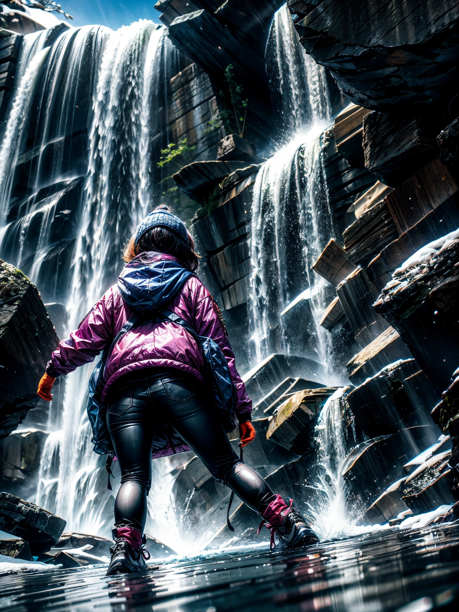 girl hit by waterfall, splash, winter, sky, from below