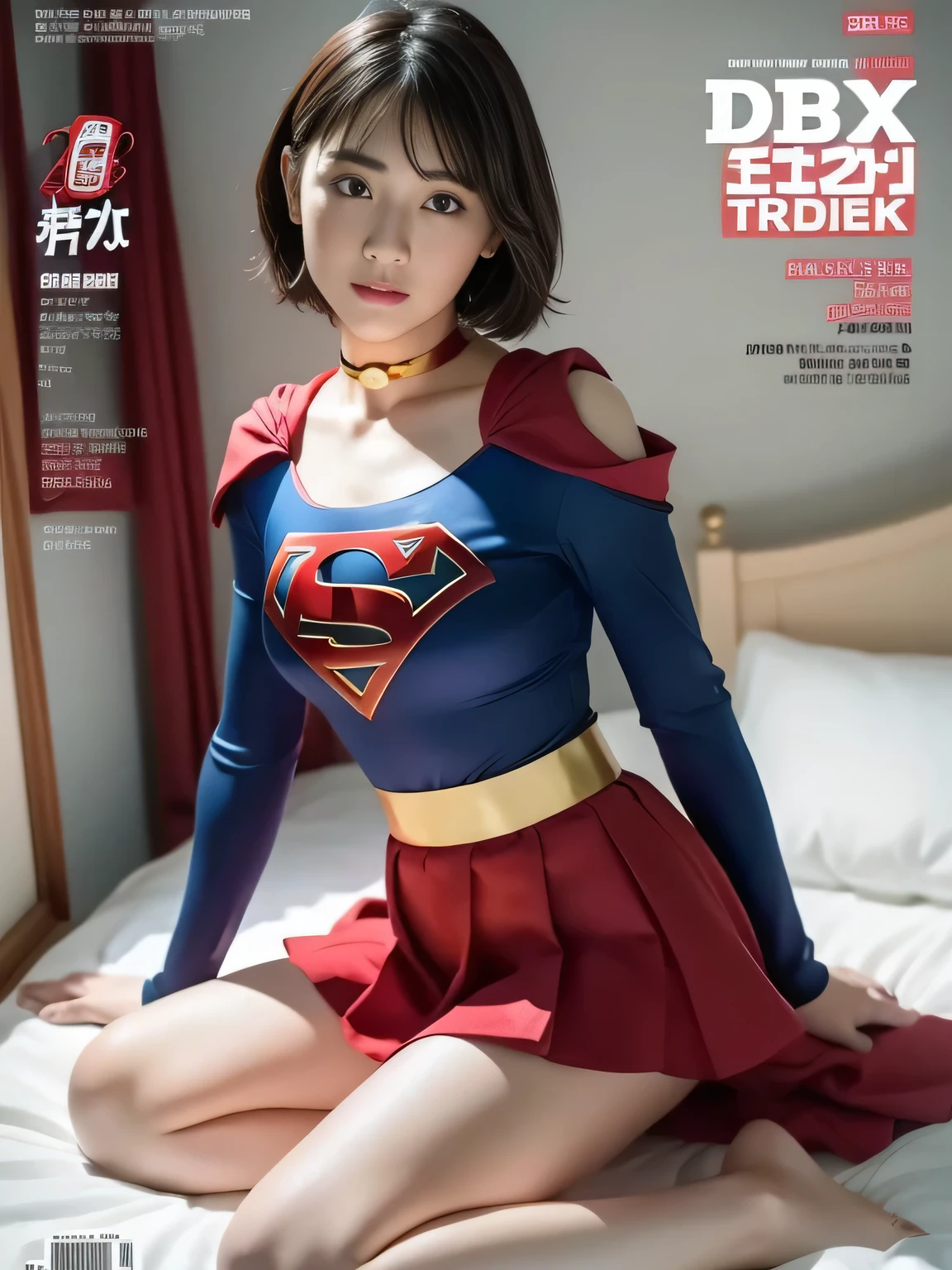 masterpiece、supergirl costume、short hair、barefoot, big and full breasts、test subject、operating room、operating table、straddle、sweating、shiny、look at the camera、sense of abuse、Estrus、choker、Weekly magazine cover、long sleeve、red mini skirt、obscene pose、Seduce、humiliating、hindrance、