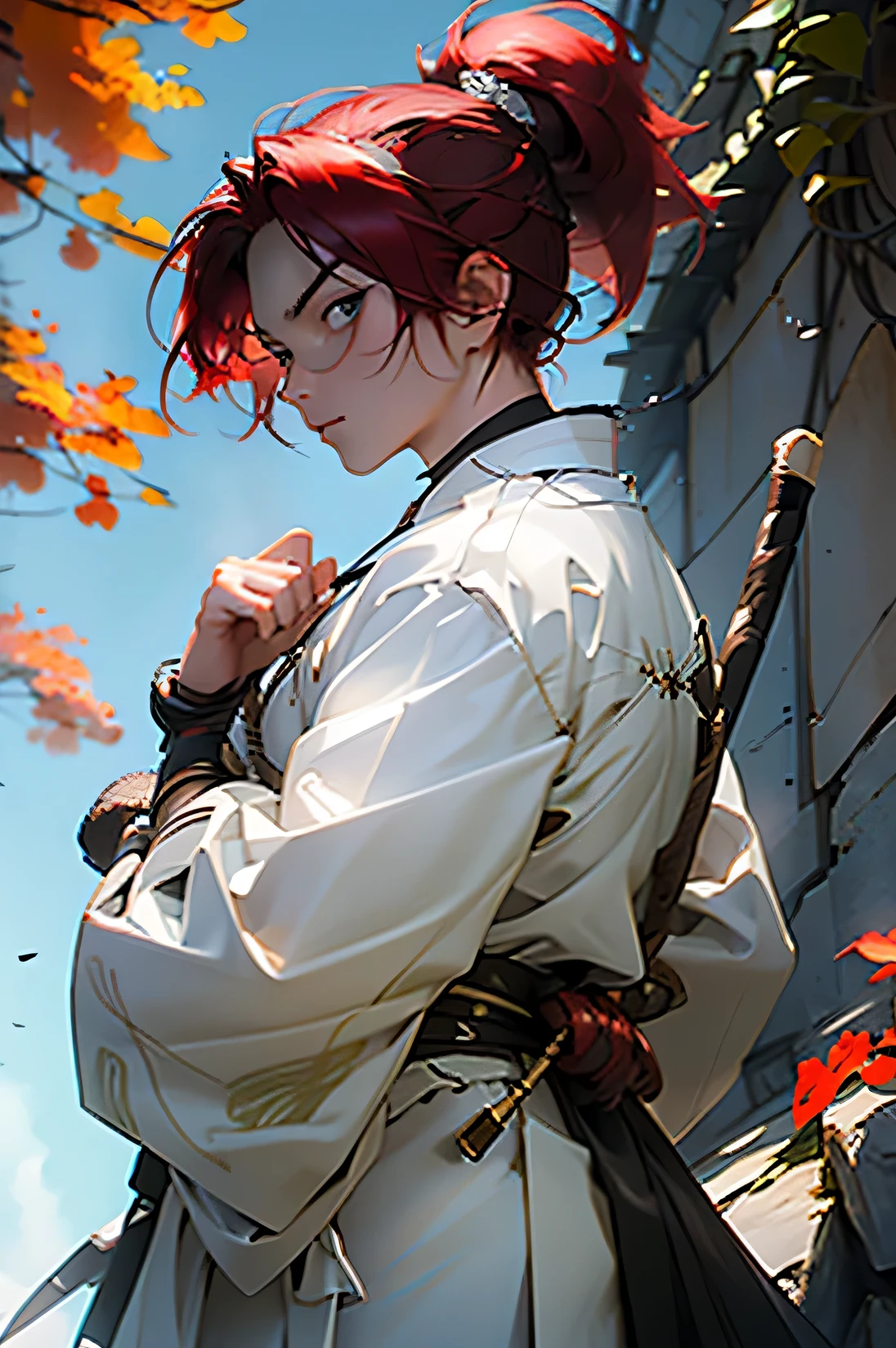 atardecer, hojas de arce cayendo, pelo blanco, a lock of red hair, Japanese samurai costume, Cielo estilo Shinkai Makoto, looking back, Colores ricos, retrato de gran apertura, luz y sombra fuertes, cinematographic, golden section