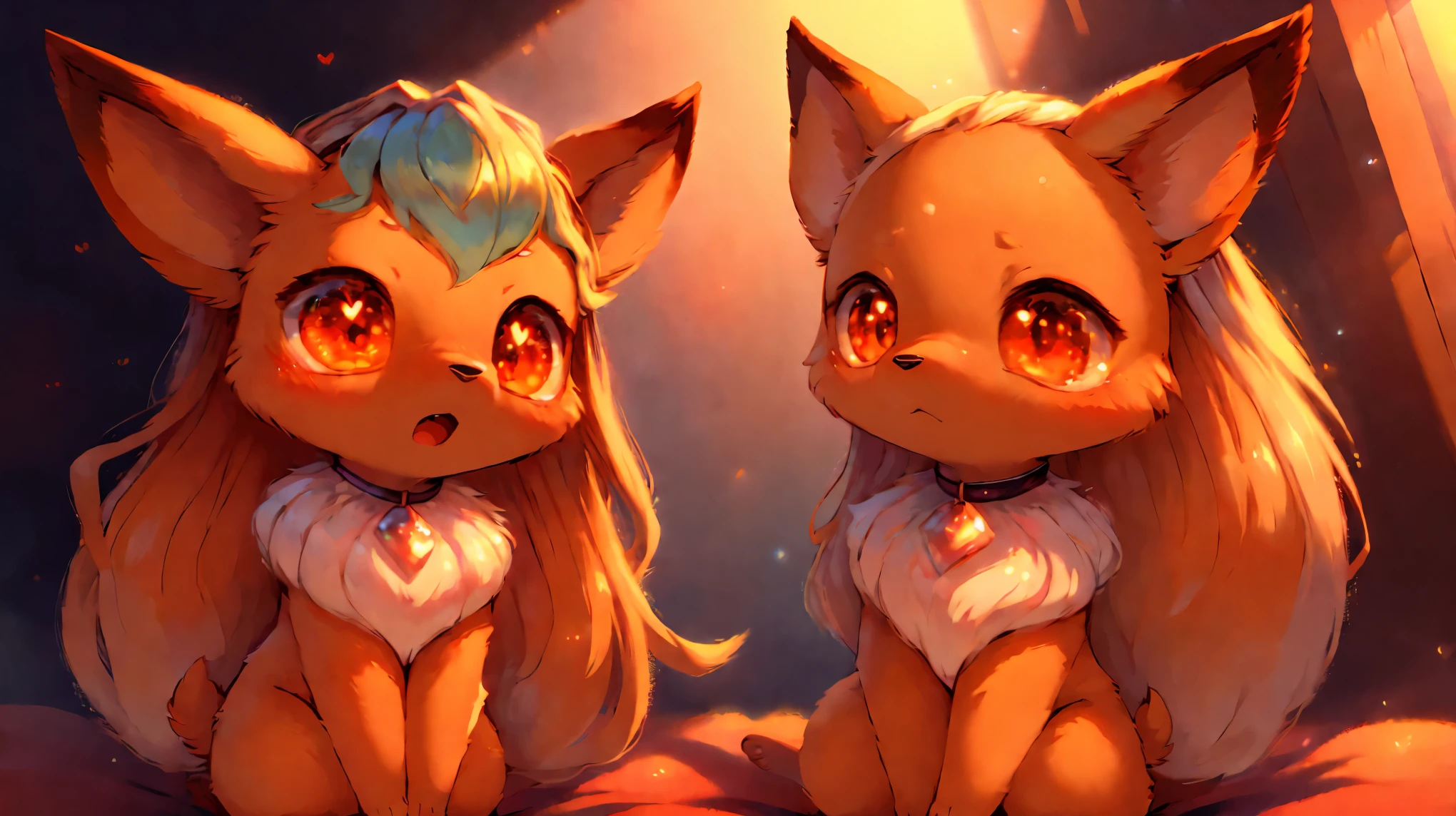 duo,heart shaped pupils,eyes,on the bed,heart,fantastical,Pokemon,furry,kemono,cute,non-human, Hairless,Animal body,red fluffy long hair,orange color fluffy body,surprised face,body like a puppy,Collars,deformation