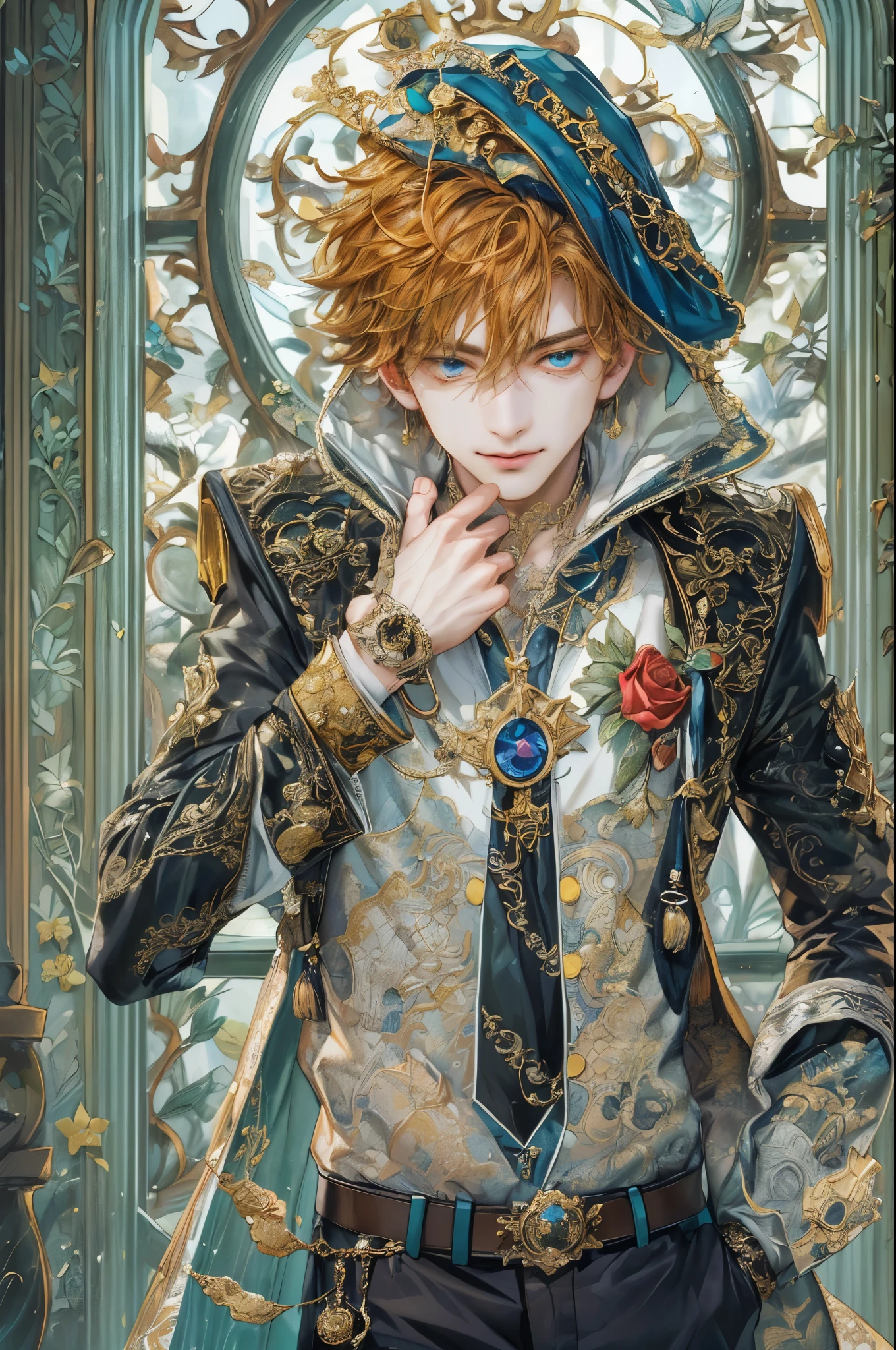 ((absurdres, highres, ultra detailed, perfect face), 1 boy , front view, young boy, handsome boy villain character from Uta no Prince sama, short hair, anime eyes, mage clothes with colorful details, eyes on the viewer, add red details to picture and smirk, dimples, extremely detailed CG unity 8k wallpaper, add blue details on side, intricate details and add yellow details on left, rose ornaments, witch castle background, detailed houses town scenery window background, tim burton style theme