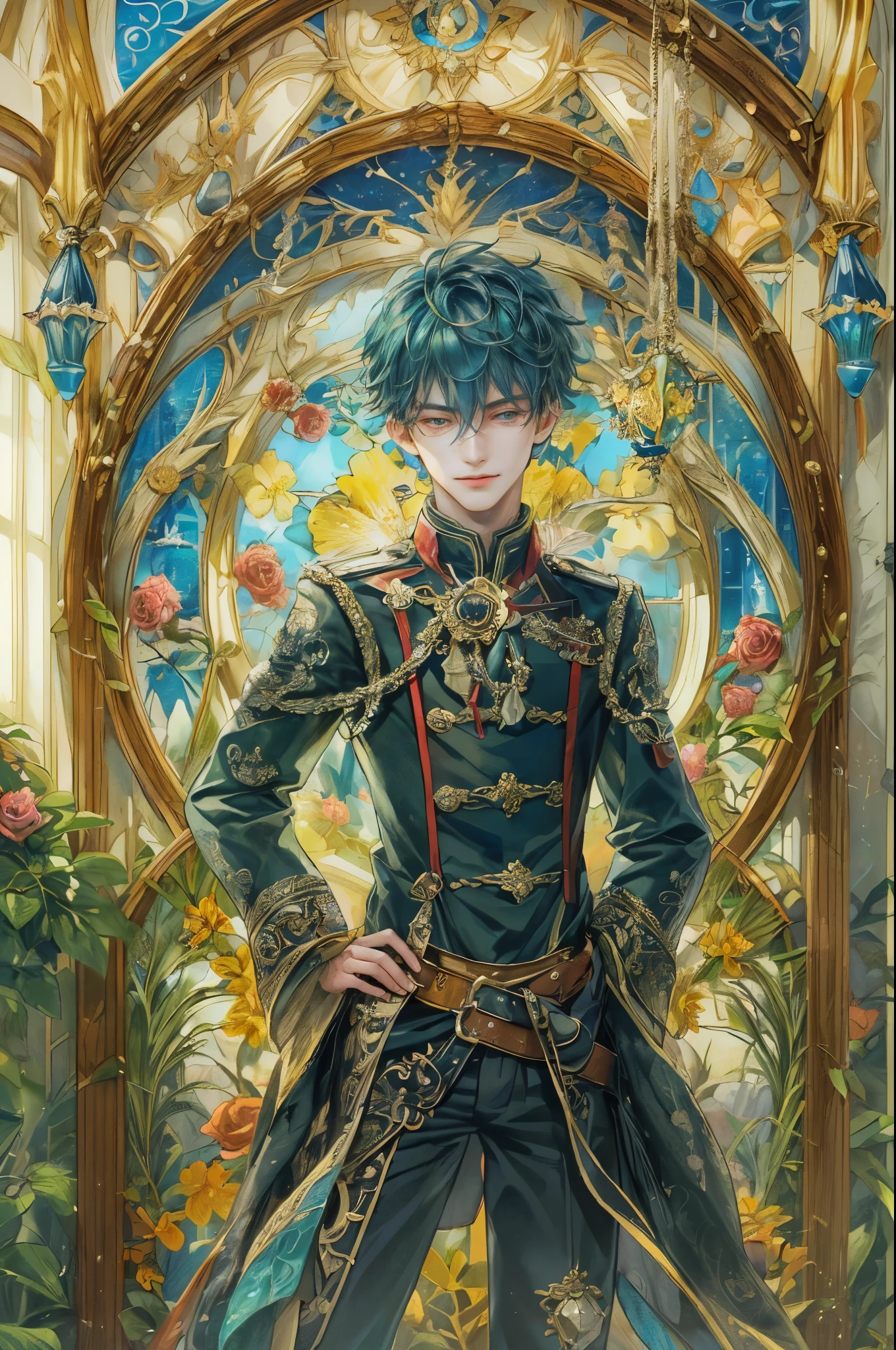 ((absurdres, highres, ultra detailed, perfect face), 1 boy , front view, young boy, handsome boy villain character from Uta no Prince sama, short hair, anime eyes, mage clothes with colorful details, eyes on the viewer, add red details to picture and smirk, dimples, extremely detailed CG unity 8k wallpaper, add blue details on side, intricate details and add yellow details on left, rose ornaments, witch castle background, detailed houses town scenery window background, tim burton style theme