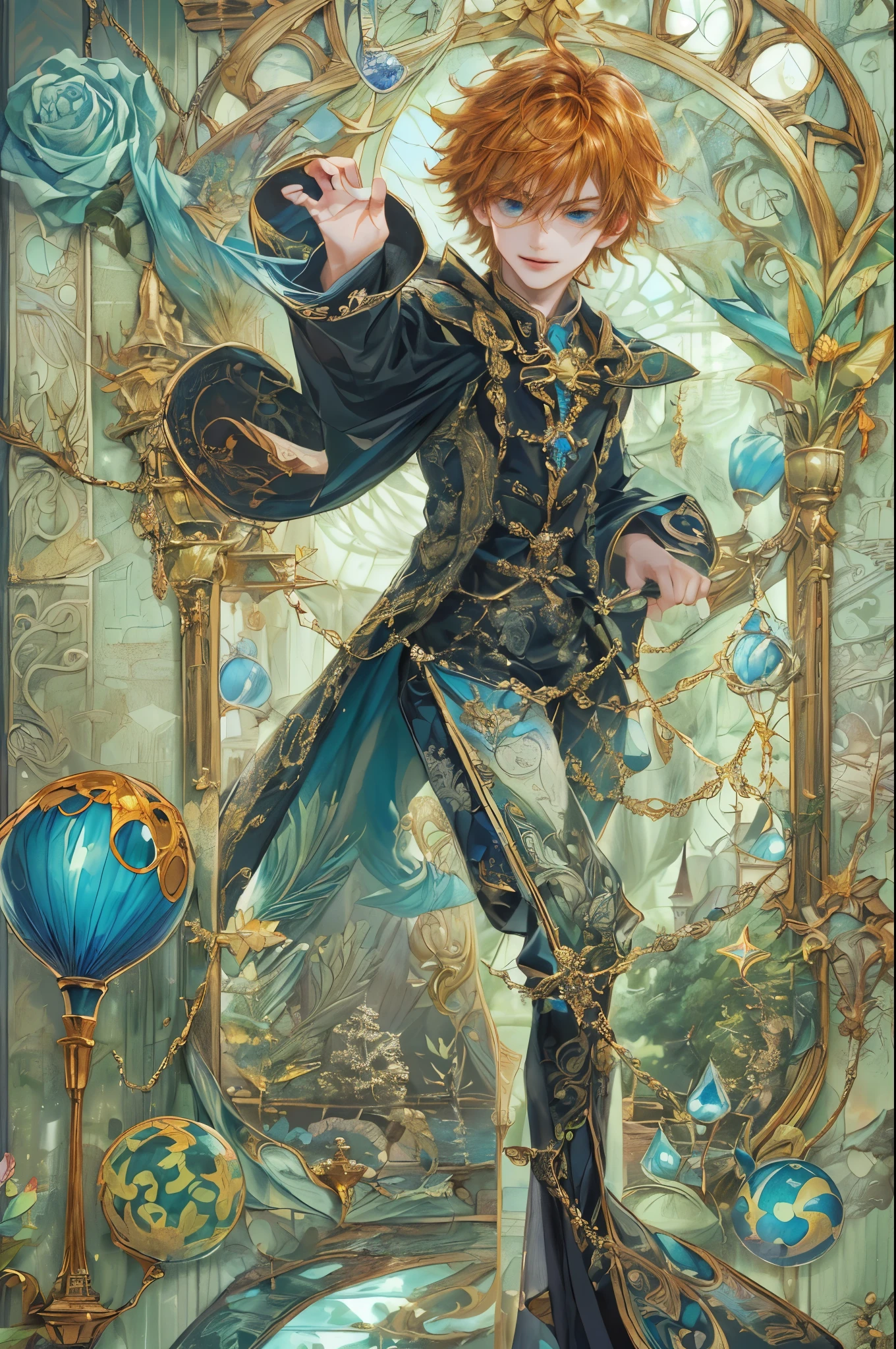 ((absurdres, highres, ultra detailed, perfect face), 1 boy , front view, young boy, handsome boy villain character from Uta no Prince sama, short hair, anime eyes, mage clothes with colorful details, eyes on the viewer, add red details to picture and smirk, dimples, extremely detailed CG unity 8k wallpaper, add blue details on side, intricate details and add yellow details on left, rose ornaments, witch castle background, detailed houses town scenery window background, tim burton style theme