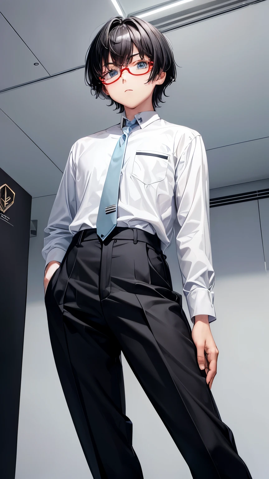 17 years old Japanese high school student boy ((boy’s body shape )),straight hair ((jet-black hair , very short hair )),((asymmetrical much shaggy long forelock)),BREAK, older and intrepid face, ((school uniform, white dress shirt, black slacks, red striped necktie, maple school badge )), blue lenses glasses ,BREAK, thin sharp eyes ((shiny pale blue eye, )), eyelashes, blush , BREAK, decadent and eloquent atmosphere,((face focus:1.3)), his arms folded ,((NSFW))