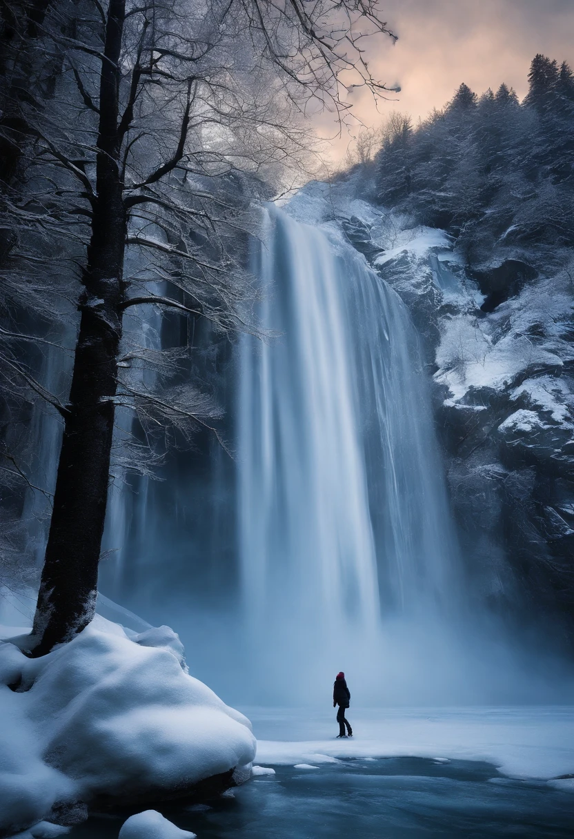 (a girl, hit by waterfall, splash, winter, sky, from below), (winter landscape), (frozen), (crystal clear), (shimmery), (icy breath), (sparkling), (snow-covered treeajestic mountainagical atmosphere), (ethereal), [dim shades], (frosty breeze), (glistening icicles), (frozen waterfall), (subtle colors), (serene), (frozen in time), (icy cascade), (silhouette against the sky), (reflection in the water), (dazzling sunlight), (ice crystals), (frozen perfection), (captivating), (tranquil), (mysterious), [soft toneisty air), (enchanted landscape), (dreamlike), (peaceful solitude), (serene beauty), (whispering winds), (crunching snow), (picture-perfect), (blissful tranquility), (serenity).