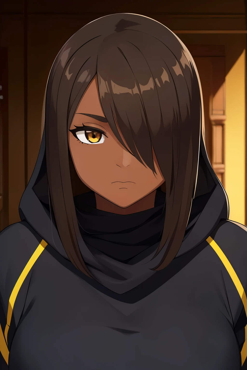 masterpiece, (solo), absurdres, portrait, ((Upper Body)), detailed background, fine detail, HDR, female, ninja uniform, dark skin, black and yellow outfit, hair over one eye, brown hair, long hair, hood, shy expression