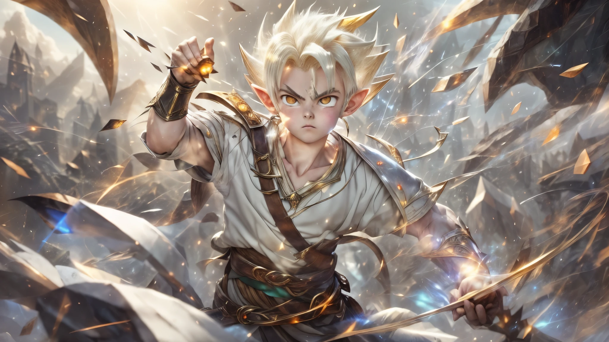 (master piece), ), 8k, best quality, book illustration, elf boy, childlike appearance, male, teenager, 14 years old, 1.70 meters tall, white skin, thin body, pointed ears elf, beautiful finely detailed silver eyes, high forehead, spiky yellow blonde hair like Gohan from the anime dragon ball (super sayajin), incredibly handsome, conservative elven outfit, conservative posture , fighting, throwing salt stone