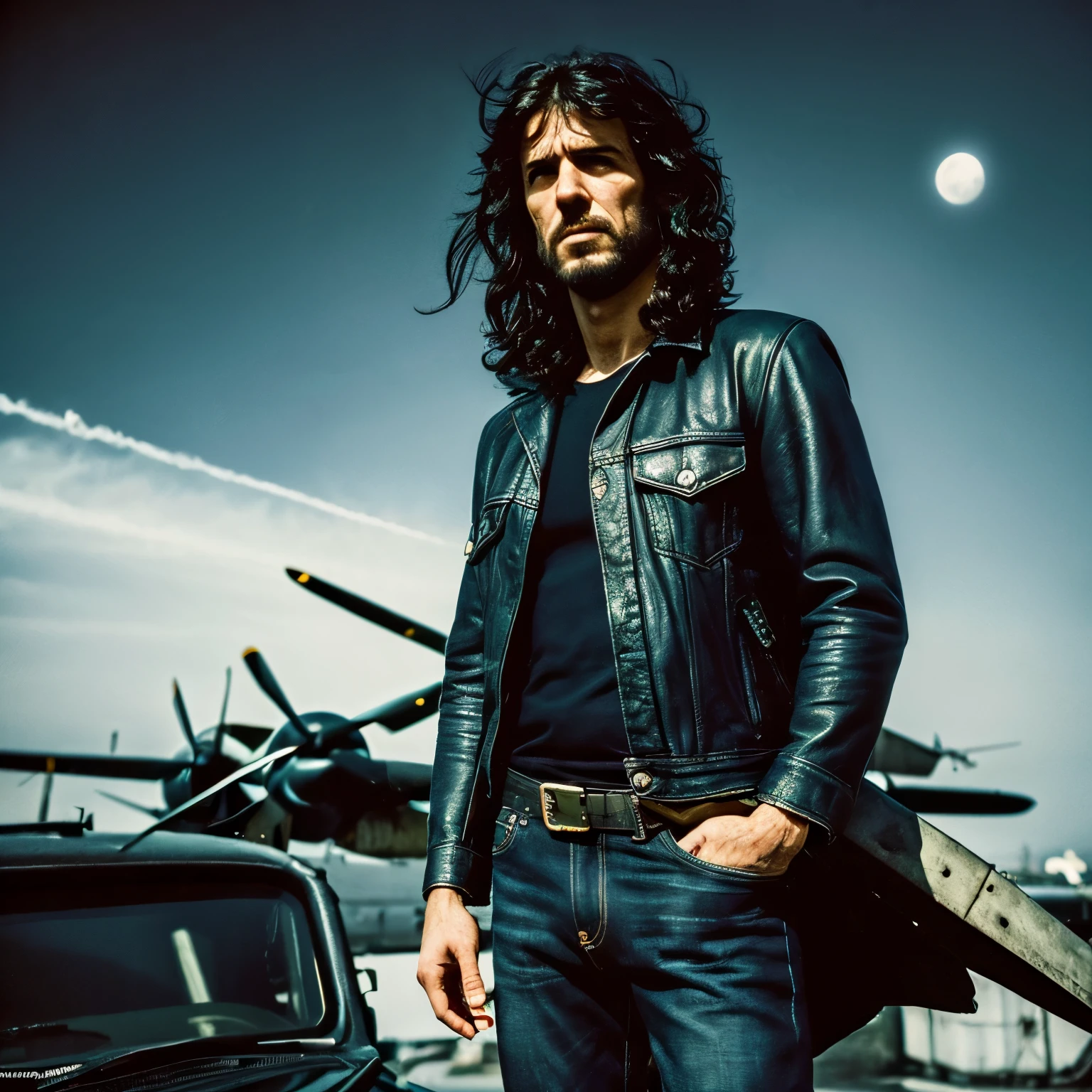 High definition,Homem,tamanho Grande,cabelo branco,messy hairstyle,olhos escuros,em uma regata preta, dark jeans,dark expression,Guerraship,aircraft carrier ship, futurista, Science fiction, Guerraplane, space, Guerra