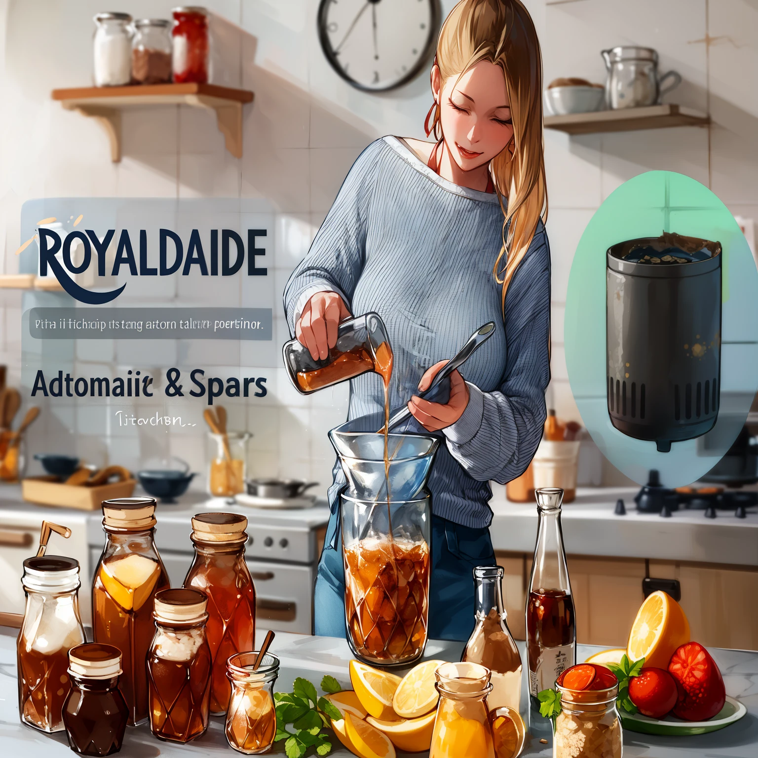 Woman pouring liquid into jars with various ingredients in kitchen, 