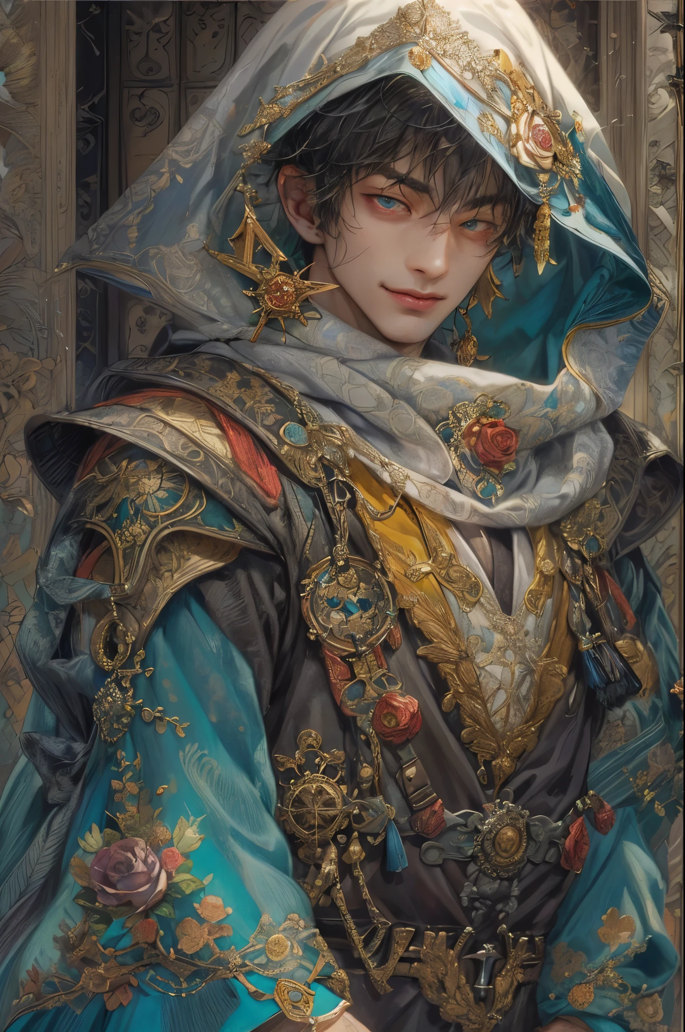 ((absurdres, highres, ultra detailed, perfect face), 1 boy , front view, young boy, handsome boy villain character from prince of Persia, short hair, anime eyes, mage clothes with colorful details, eyes on the viewer, add red details to picture and smirk, dimples, extremely detailed CG unity 8k wallpaper, add blue details on side, intricate details and add yellow details on left, rose ornaments, witch castle background, detailed houses town scenery window background, tim burton style theme