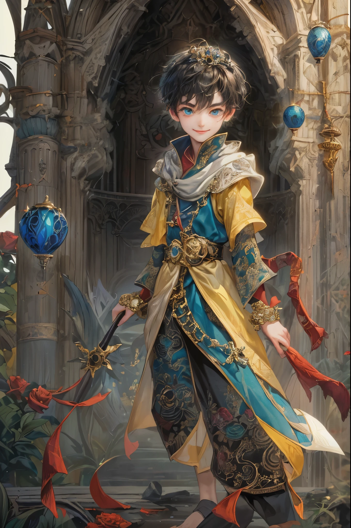 ((absurdres, highres, ultra detailed, perfect face), 1 boy , front view, young boy, handsome boy villain character from prince of Persia, short hair, anime eyes, mage clothes with colorful details,  eyes on the viewer, add red details to picture and smirk, dimples, extremely detailed CG unity 8k wallpaper, add blue details on side, intricate details and add yellow details on left, rose ornaments, witch castle background, detailed houses town scenery window background, tim burton style theme