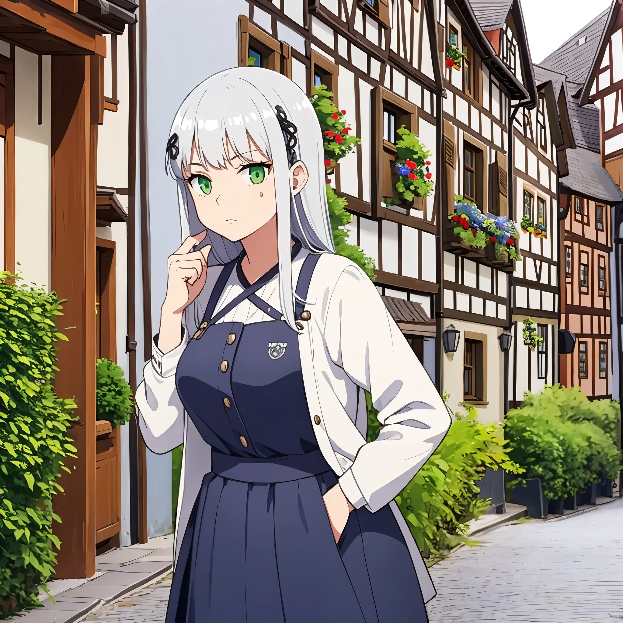 a woman with silver hair, wearing casual clothes in a traditional German town, green eyes.
