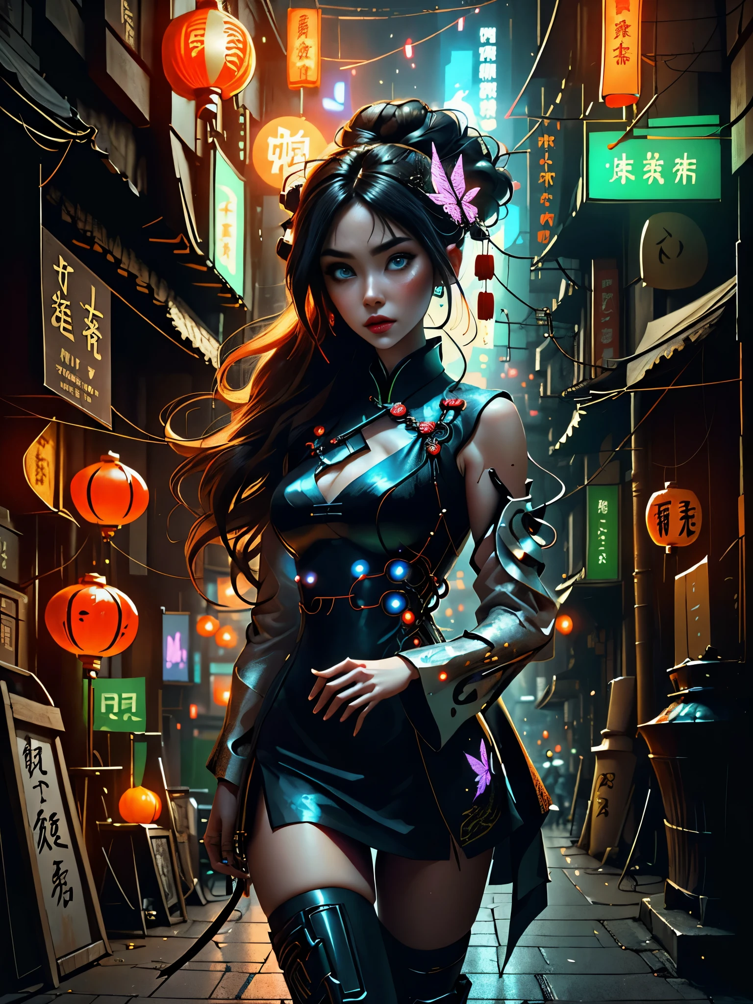 (Works of masters:1.5)，(best qualityer:1.5)，(Very fine detail 8K wallpaper:1.3)，(Ultra-thin tail)，Extremely fine details，hight contrast，complexdetails，Photon maps，physically-based renderingt，Best composition，full bodyesbian，cyber punk perssonage，dynamicposes，1girll，Elaborate Eyes，Brown eyes，eye shadows，putting makeup on，long whitr hair， Detailed face， Detailed eyes， looking at viewert， blusher\（putting makeup on\）， full pouty lips， Redlip，（long whitr hair：1.3）， The upper part of the body， （standing on your feet）Mechanical static，Mechanical summoning，(hair adornments:1.1)，head gear，Chinese outfit，on cheongsam，Cyberhanfu，Manteau blanc，City，Ruins，Illuminated wire winding，glowing butterflies，cyberpunk lights:1.1)，neonlight，Fully mechanical and futuristic elements，technologies，The background is a traditional Chinese street，china town， the street， Skysky， cyber punk perssonage， paper lanterns， Neon Super Resolution，（Realism：1.3），1（slim：1.2），dramatic lights，vibrant detail，Luxurious cyberpunk，the complex background，rendering by octane，8k，best qualtiy，tmasterpiece，illustratio，Extremely refined and beautiful，The is very detailed，CG，Wallpapers，（realisticlying，photo-realistic：1.37），astounding，finedetail，tmasterpiece，best qualtiy，offcial art，（natta：1.5）cowboy lens