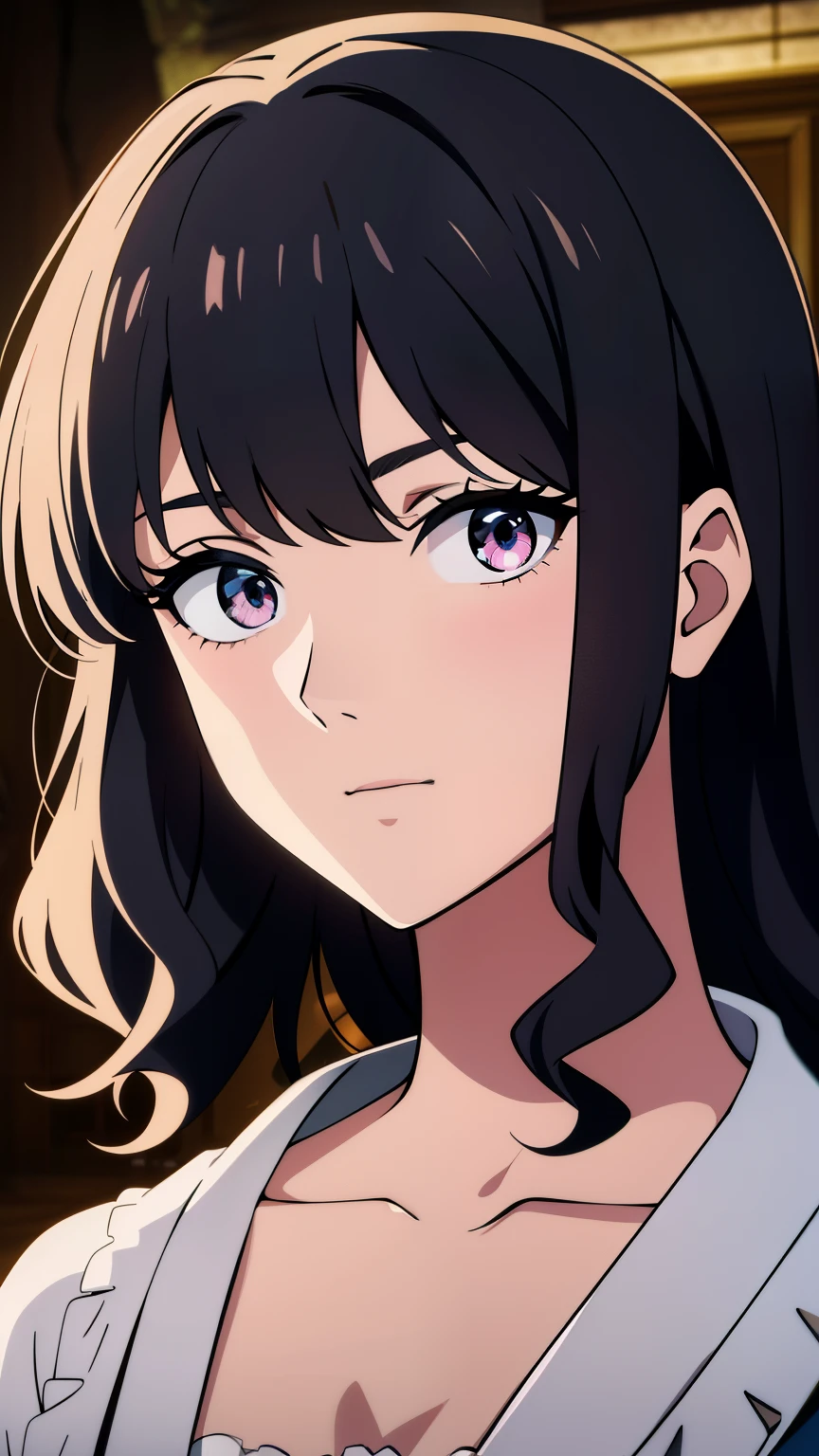 (high-quality, breathtaking),(expressive eyes, perfect face) 1girl, female, solo, half body, 1800's clothing,18th century fashion, black color hair, medium hair length, curly wavy hair, pink eye color, Chainsaw man anime art style, teenager age, ************, portrait
