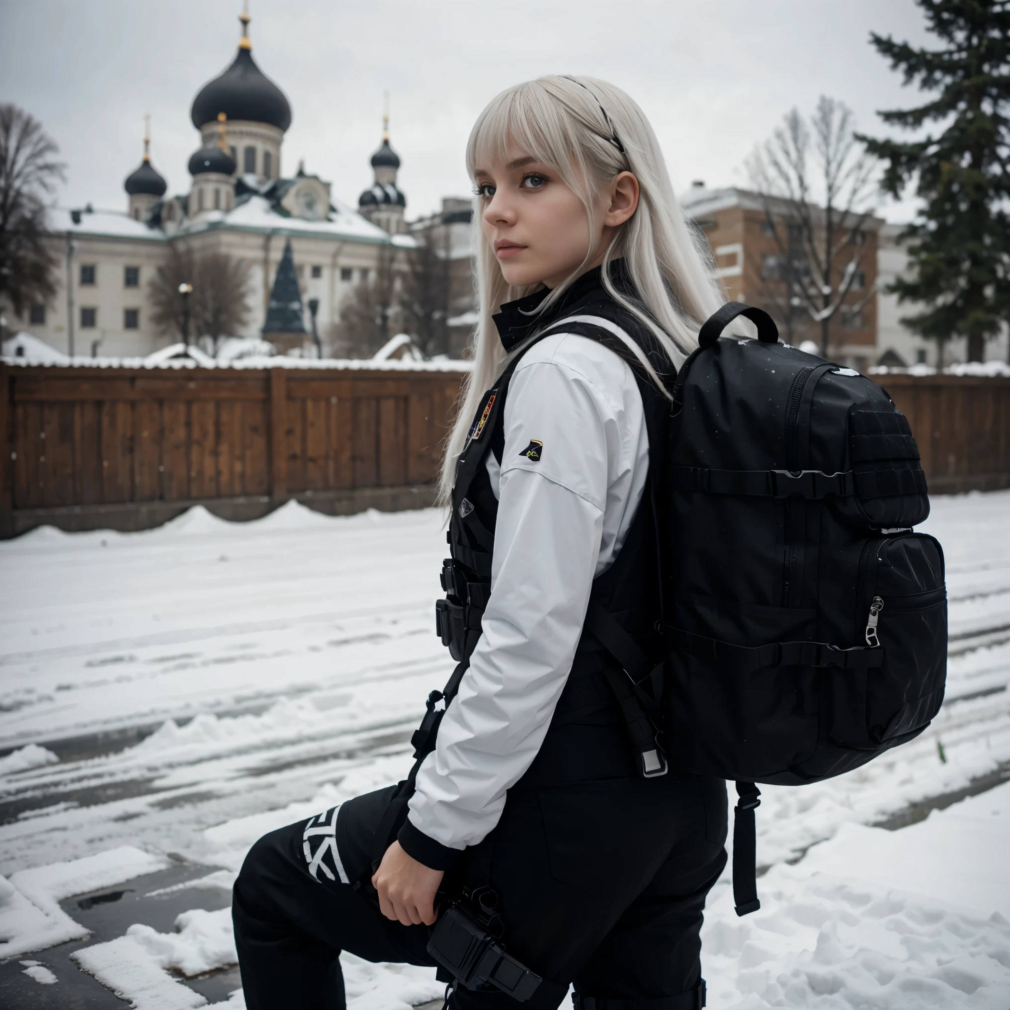 teen russian girl with white hair long hair with bangs wearing a black turtleneck, Holding a black camouflaged m4a4, black tactical backpack, Russia flag badge on the arm, black pants and a black tactical vest, back view in the snow in Russia with a foggy atmosphere