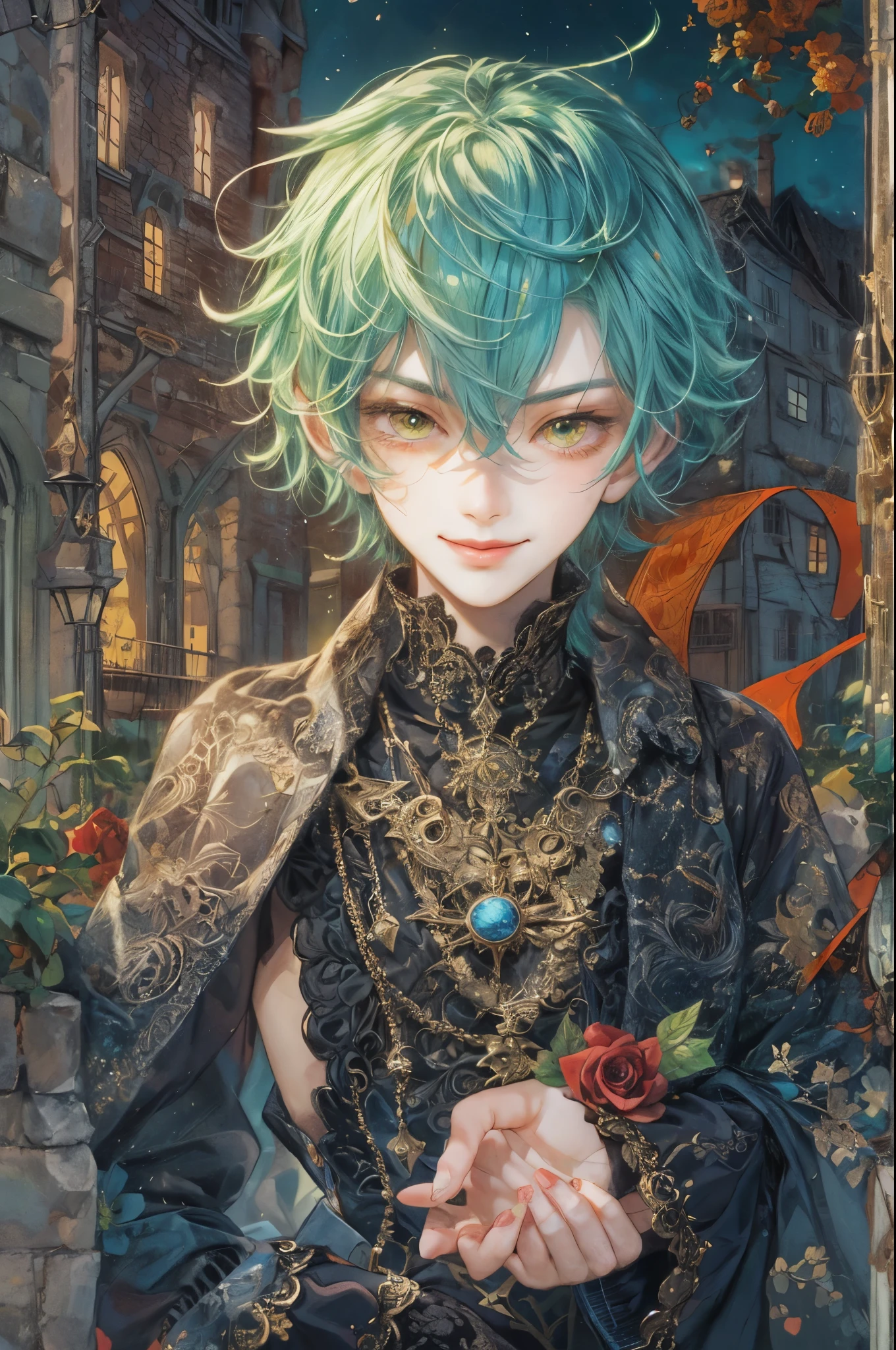 ((absurdres, highres, ultra detailed, perfect face), 1 boy , front view, young boy, handsome boy villain character from Uta no Prince sama, short hair, anime eyes, alchemist clothes with colorful details, eyes on the viewer, add red details to picture and smirk, dimples, extremely detailed CG unity 8k wallpaper, add blue details on side, intricate details and add yellow details on left, rose ornaments, witch castle background, detailed houses town scenery window background, tim burton style theme