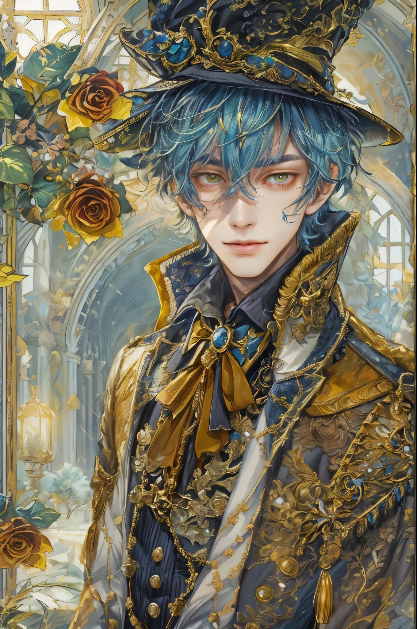 ((absurdres, highres, ultra detailed, perfect face), 1 boy , front view, young boy, handsome boy villain character from Uta no Prince sama, short hair, anime eyes, alchemist clothes with colorful details, eyes on the viewer, add red details to picture and smirk, dimples, extremely detailed CG unity 8k wallpaper, add blue details on side, intricate details and add yellow details on left, rose ornaments, witch castle background, detailed houses town scenery window background, tim burton style theme