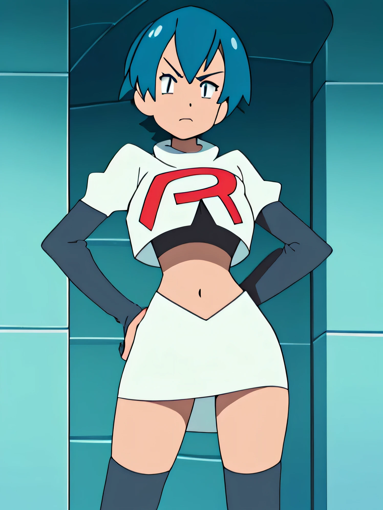 8k, ,tio plato, (solo:1.1), (perfect body:1.1), (best quality:1.1), very large breast, team rocket uniform, red letter r, white skirt,white crop top,black thigh-high boots, black elbow gloves, glaring angrily, looking down at viewer, hands on hips,zettai ryouiki,cowboy shot