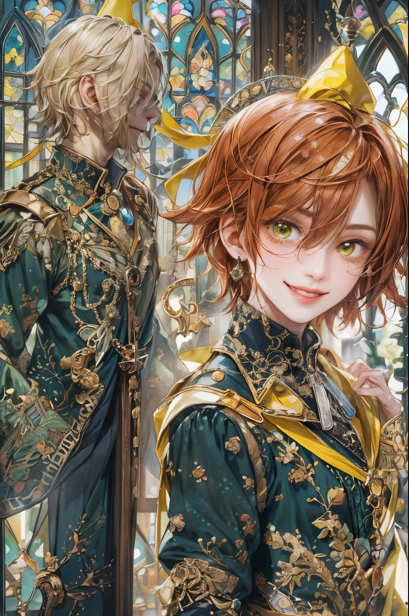 ((absurdres, highres, ultra detailed, perfect face), 1 boy , front view, young boy, handsome boy villain character from Uta no Prince sama, short hair, anime eyes, alchemist clothes with colorful details,  eyes on the viewer, add red details to picture and smirk, dimples, extremely detailed CG unity 8k wallpaper, add blue details on side, intricate details and add yellow details on left, rose ornaments, witch castle background, detailed houses town scenery window background, tim burton style theme