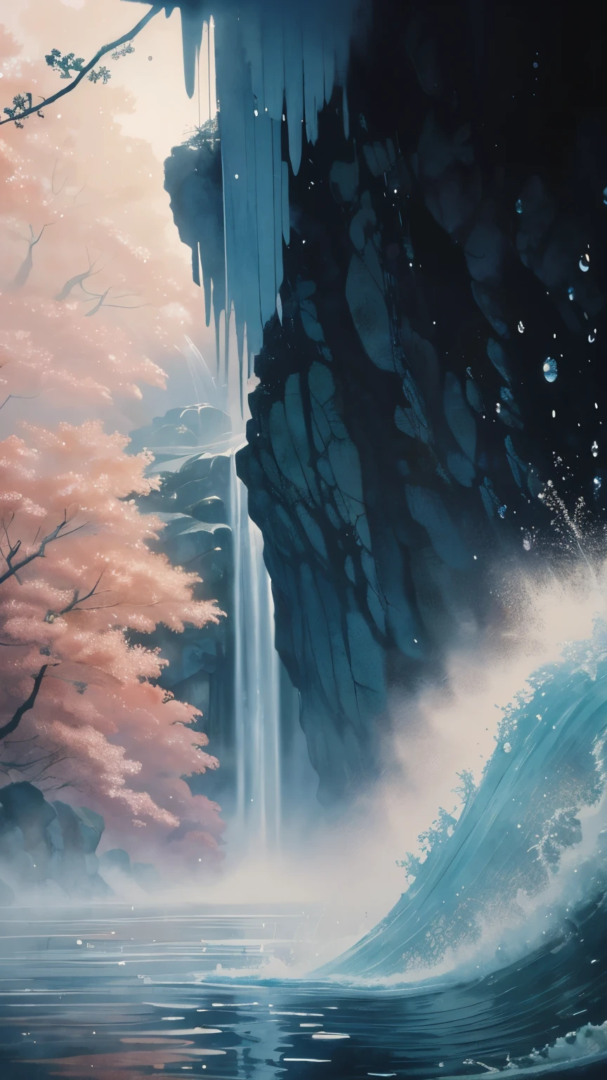 from below, Japanese style printing, ukiyo-e art, watercolor drawing, best quality, carp waterfall climbing, majestic, water droplets, mist, water smoke, incredibly absurdres, extremely detailed, delicate texture, slow motion, stillness, motion-blur, action-lines, speed-lines, artistic, delicate, flashy and dynamic depiction