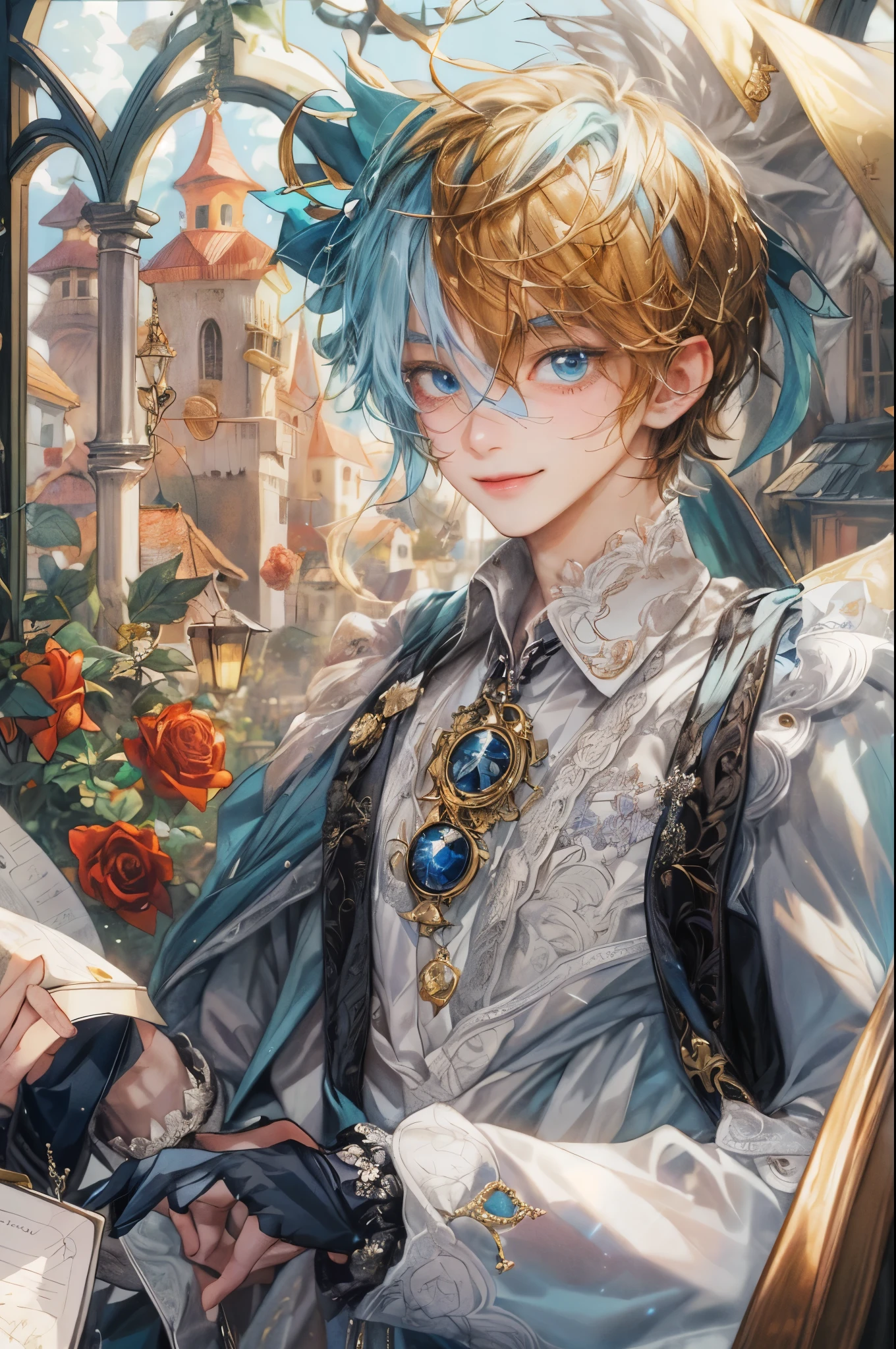((absurdres, highres, ultra detailed, perfect face), 1 boy , front view, young boy, handsome boy villain character from Uta no Prince sama, short hair, anime eyes, alchemist clothes with colorful details, eyes on the viewer, add red details to picture and smirk, dimples, extremely detailed CG unity 8k wallpaper, add blue details on side, intricate details and add yellow details on left, rose ornaments, witch castle background, detailed houses town scenery window background, tim burton style theme