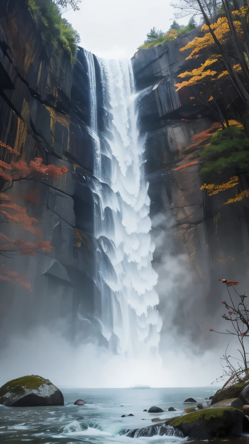 from below, Japanese style printing, ukiyo-e art, watercolor drawing, best quality, carp waterfall climbing, majestic, water droplets, mist, water smoke, incredibly absurdres, extremely detailed, delicate texture, slow motion, stillness, motion-blur, action-lines, speed-lines, artistic, delicate, flashy and dynamic depiction