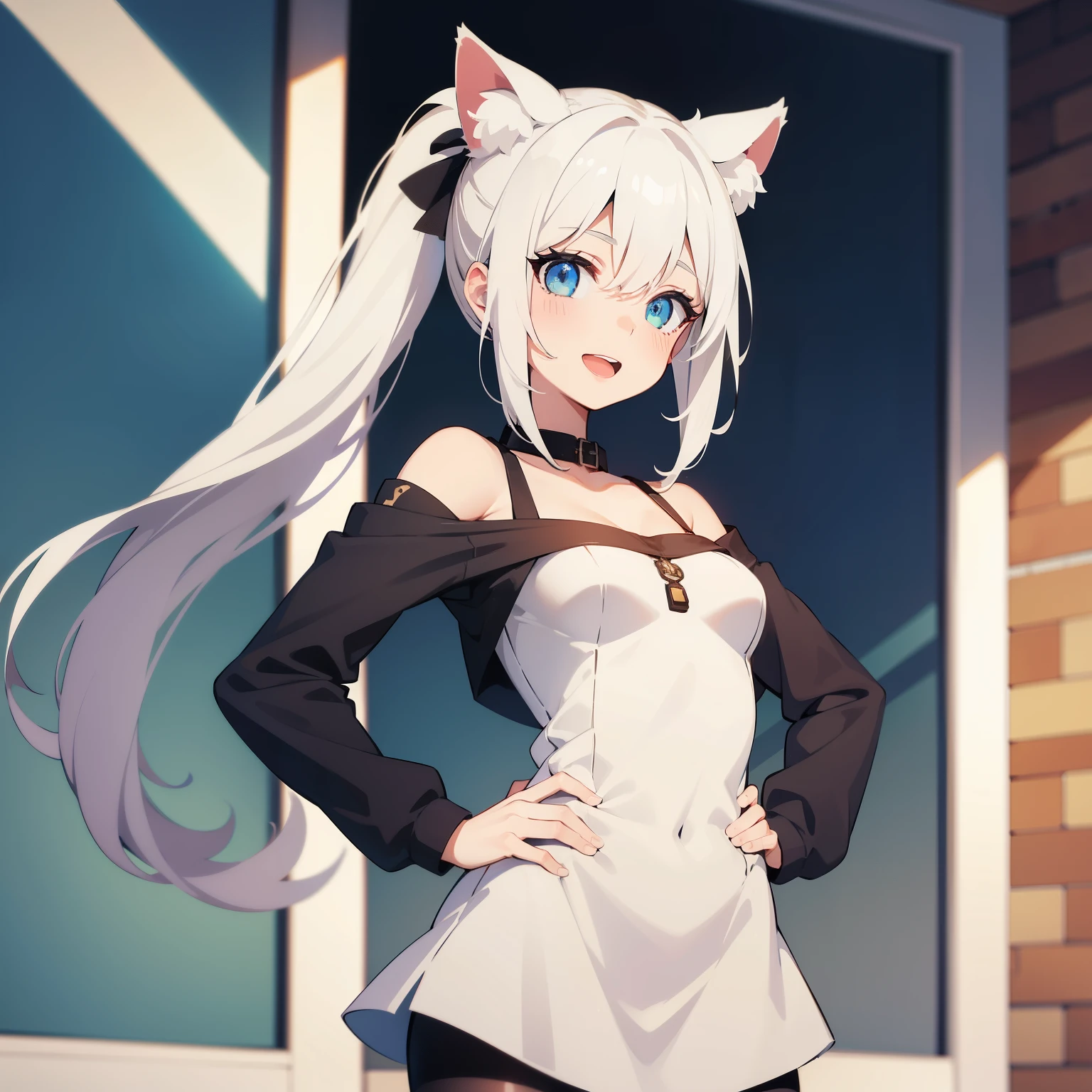 absurdres, ultra-highres, ultra-detailed, best quality, 1 girl, solo, hands behind torso, hands behind body BREAK, perfect eyes,, open mouth,(happy), from front, looking at you, BREAK, in casual outfit, hazel eyes, hands on hips, cat ears, animal ears, cat tail, double ponytail, white hair