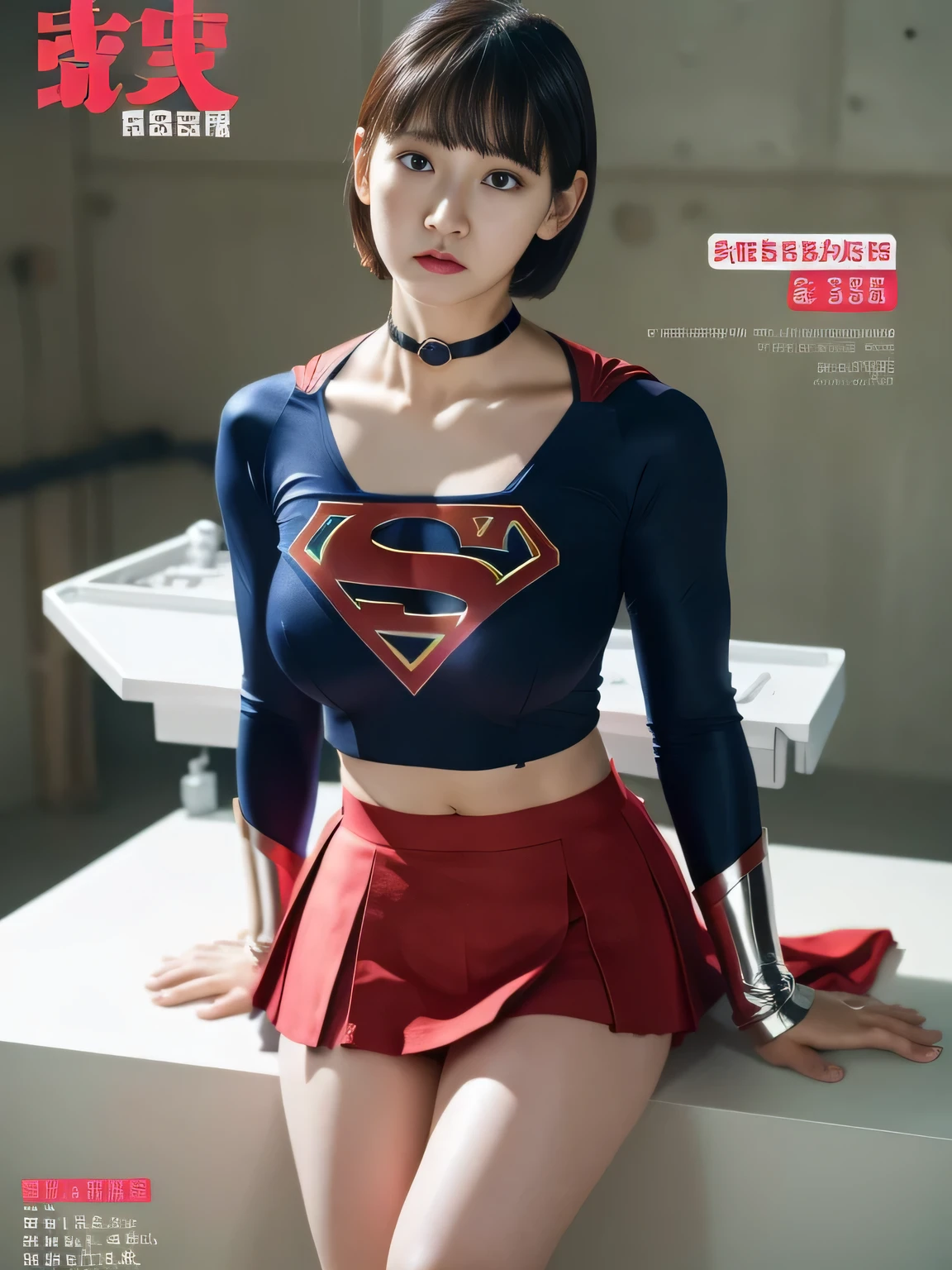 masterpiece、supergirl costume、short hair、barefoot, big and full breasts、test subject、operating room、operating table、straddle、sweating、shiny、look at the camera、sense of abuse、Estrus、choker、Weekly magazine cover、long sleeve、red mini skirt、obscene pose、Seduce、humiliating、hindrance、